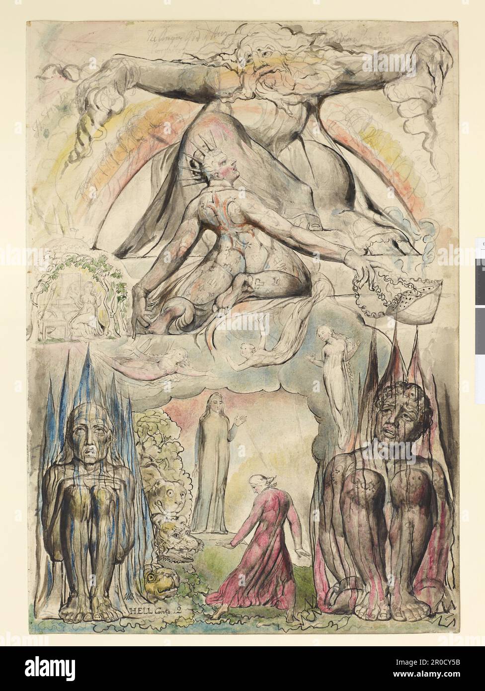 Die Mission von Virgil, 1824-27. William Blake. Blake war ein außergewöhnlich individueller Visionär, dessen Werk die berühmteste Qualität der britischen Kunst verkörpert - seine literarische Natur. Selbst als er die Werke anderer Autoren illustrierte, wandte Blake seine eigene Symbolik und Weltsicht an, so dass seine Illustrationen oft wirklich Interpretationen sind. Das Birmingham Museum and Art Gallery verfügt über sechs Aquarelle aus Blakes Entwürfen für Illustrationen bis zu Dantes „Göttliche Komödie“, in der Virgil Dante durch die Phasen seiner spirituellen Erlösung führt. Blakes Ansicht, dass die organisierte Religion grausam und aufdringlich ist Stockfoto