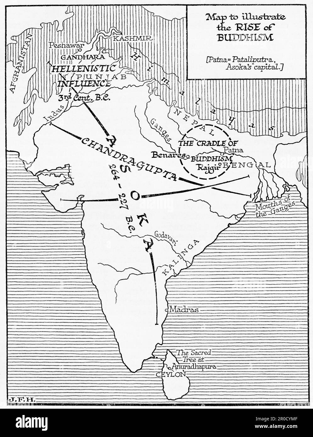 Karte zur Veranschaulichung des Aufstiegs des Buddhismus in Indien. Aus dem Buch Outline of History von H.G. Wells, veröffentlicht 1920. Stockfoto
