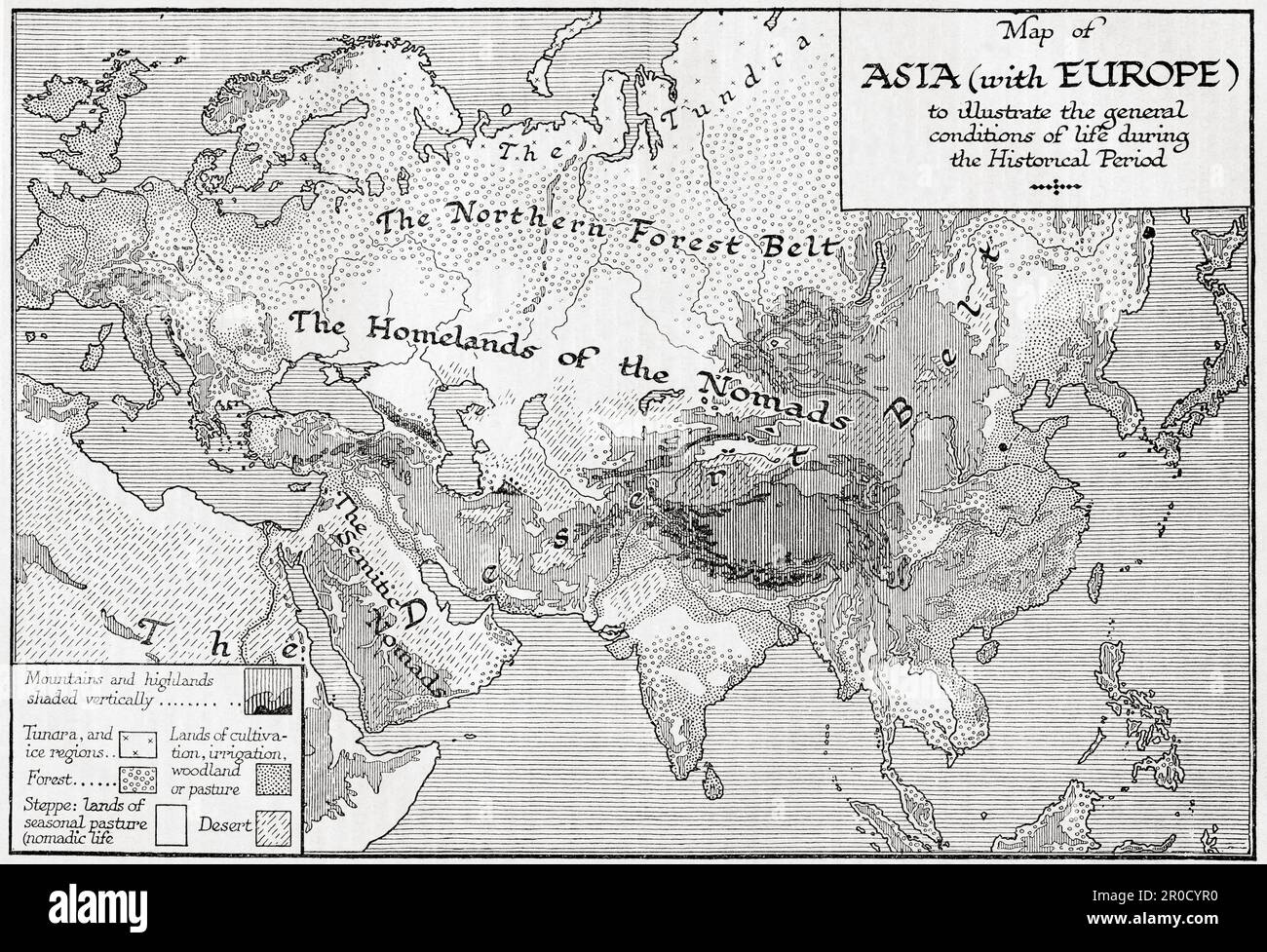 Karte von Asien mit Europa zur Veranschaulichung der allgemeinen Lebensbedingungen während der historischen Zeit. Aus dem Buch Outline of History von H.G. Wells, veröffentlicht 1920. Stockfoto