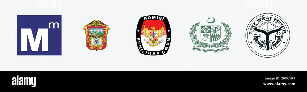 Komisi Pemilihan Umum RI Logo, Uttar Pradesh Government Logo, Mali Müşavir Logo, Pakistan Government Logo, Escudo del Estado de México Logo. Stock Vektor