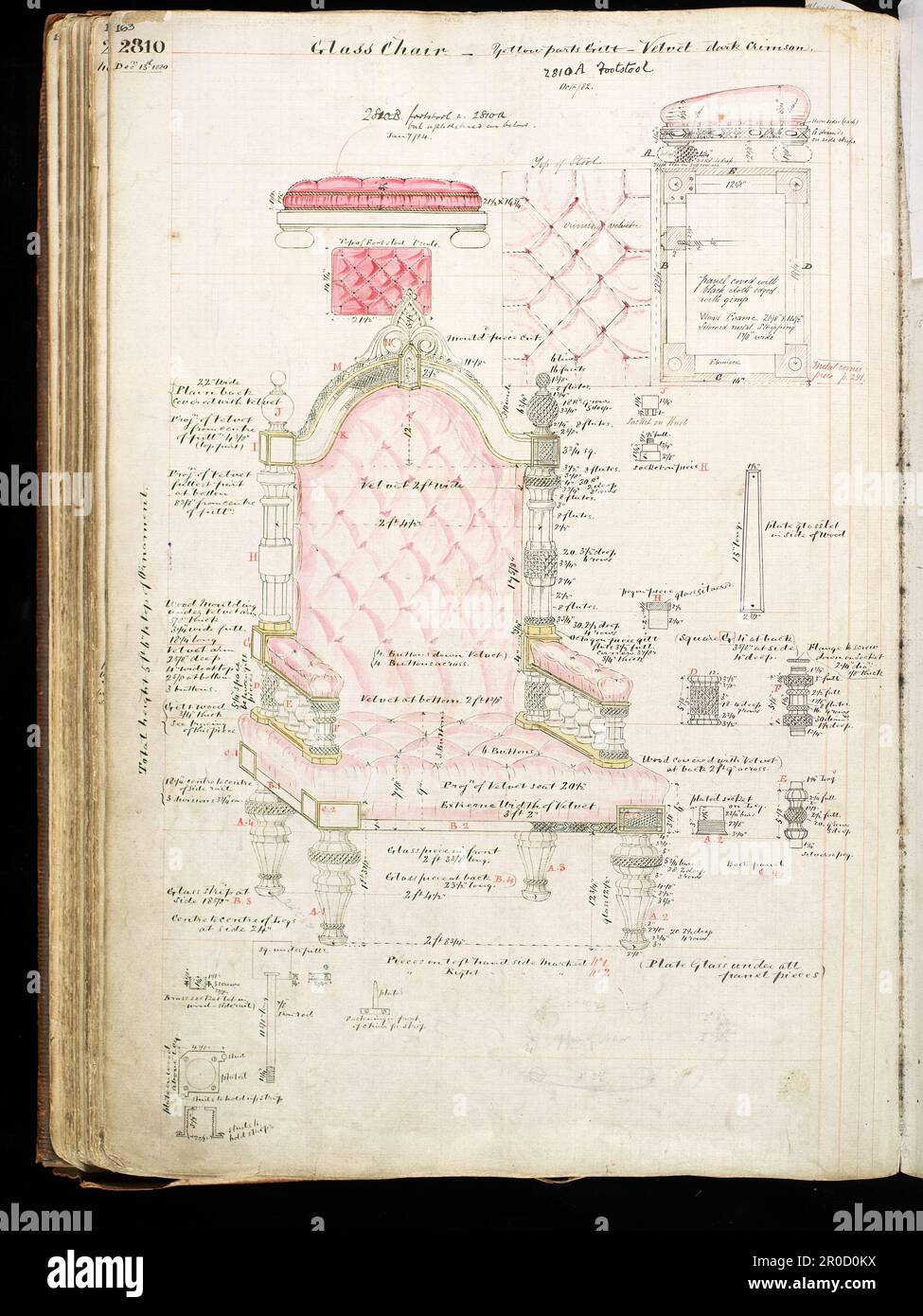 Glasmöbel Design. Osler Design Musterbuch - Glasstuhl, gelbe Weste, Samtbarsch und Fußbank. Designer: F & C Osler (Ltd). Das Osler-Archiv, präsentiert von Peter Osler, 1977. Stockfoto