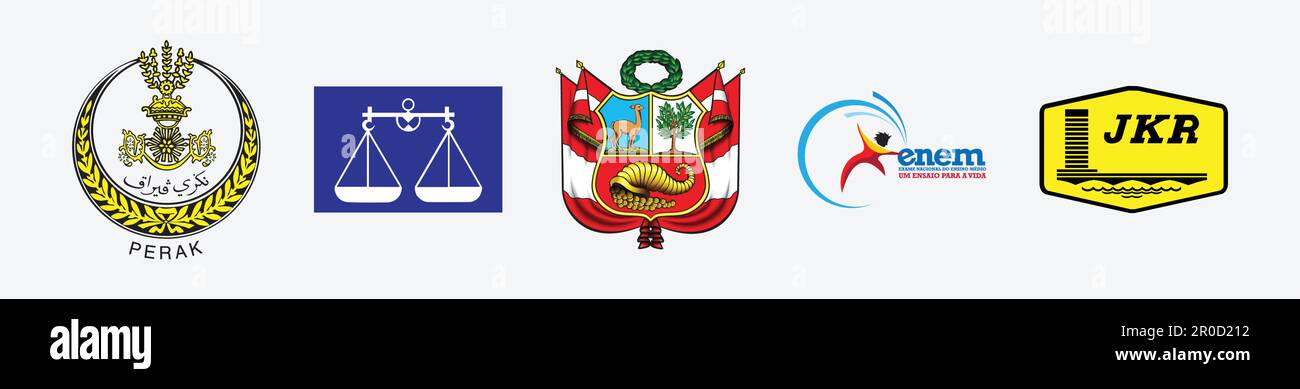 Logo von escudo del Peru, Logo von Barisan Nasional, Logo von Jabatan Kerja Raya Malaysia, Logo von JATA Negeri Perak, Logo von Enem. Darstellung des staatlichen Vektorlogos. Stock Vektor