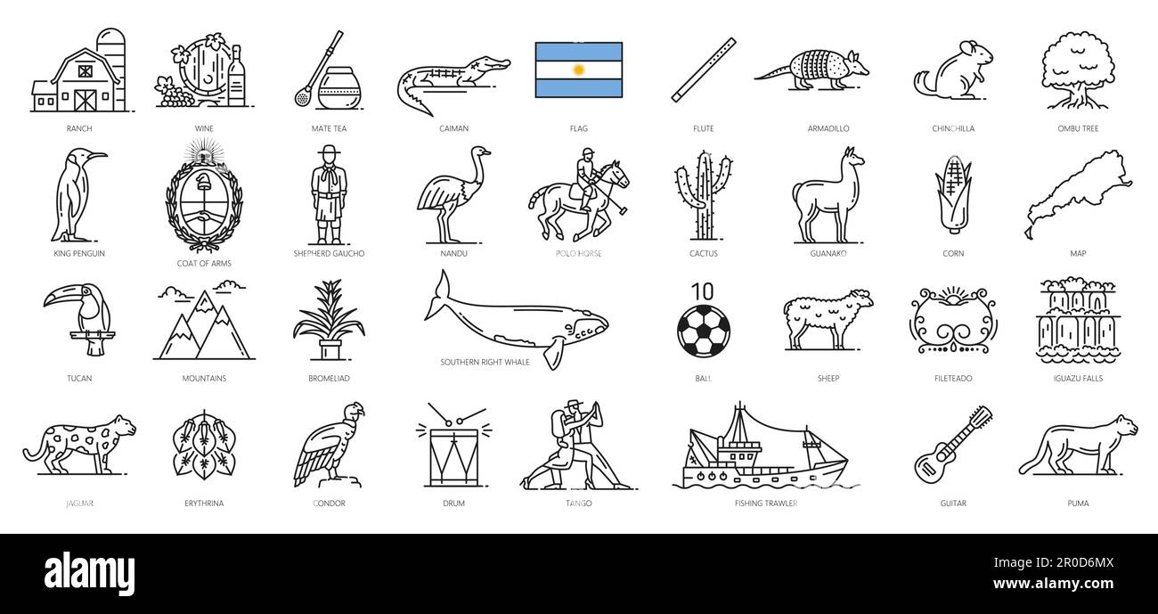 Argentinische Liniensymbole, argentinische Reisesymbole und Sehenswürdigkeiten des Tourismus, Vektorkultur, Gastronomie und Tradition. Argentinische Flaggen- und Kartensymbole, Wein A. Stock Vektor