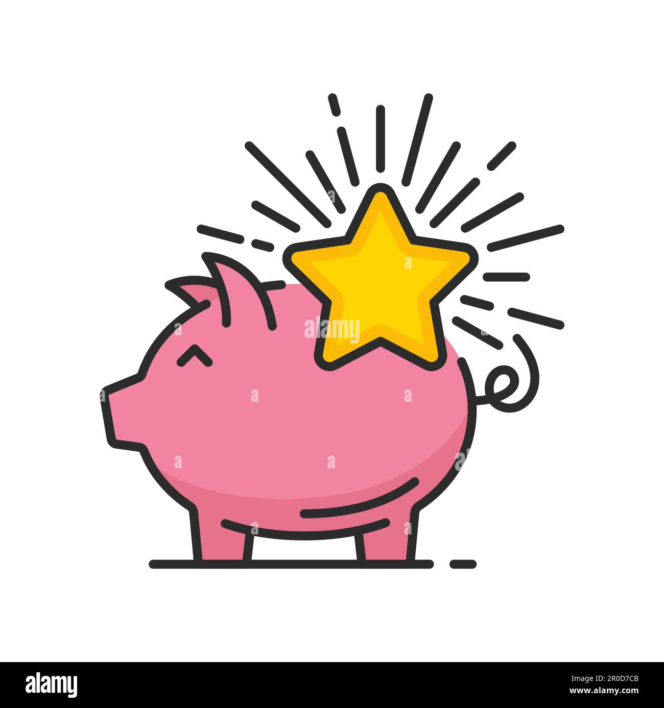 Sparschwein mit Sternsymbol, Bonuspunkten, Vorteilen, Belohnung oder Preis des Kundenbindungsprogramms. Geldkiste mit Vektorlinien in Form eines rosa Schweines mit goldenen s Stock Vektor