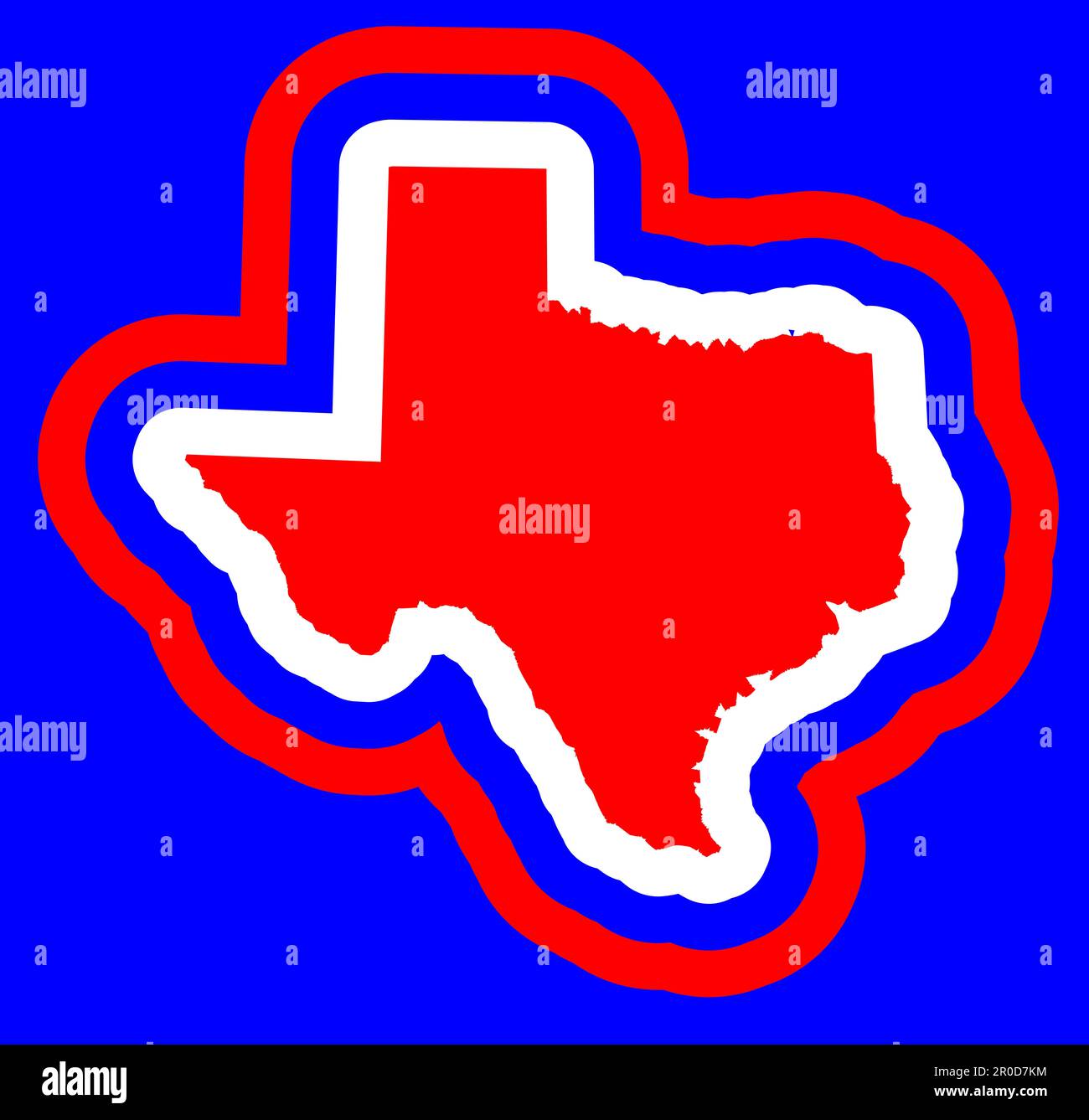 Umriss der Silhouettenkarte von Texas in Rot, Weiß und Blau Stockfoto