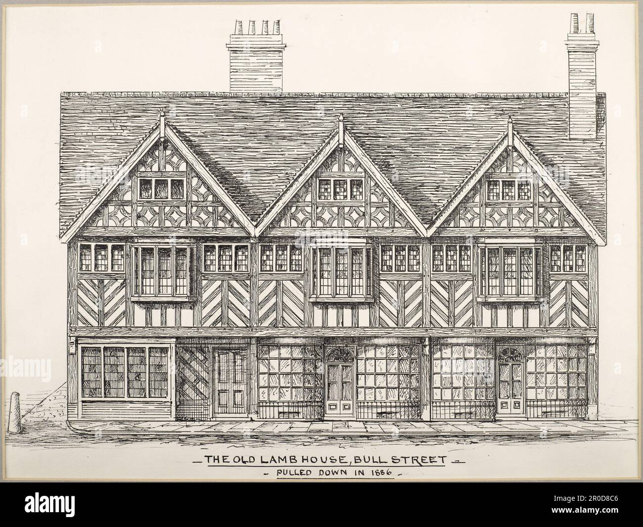 Topographische Ansicht der Birmingham.Ink-Zeichnung... Das Old Lamb House, Bull Street, Birmingham. Von Jethro A Cossins Stockfoto