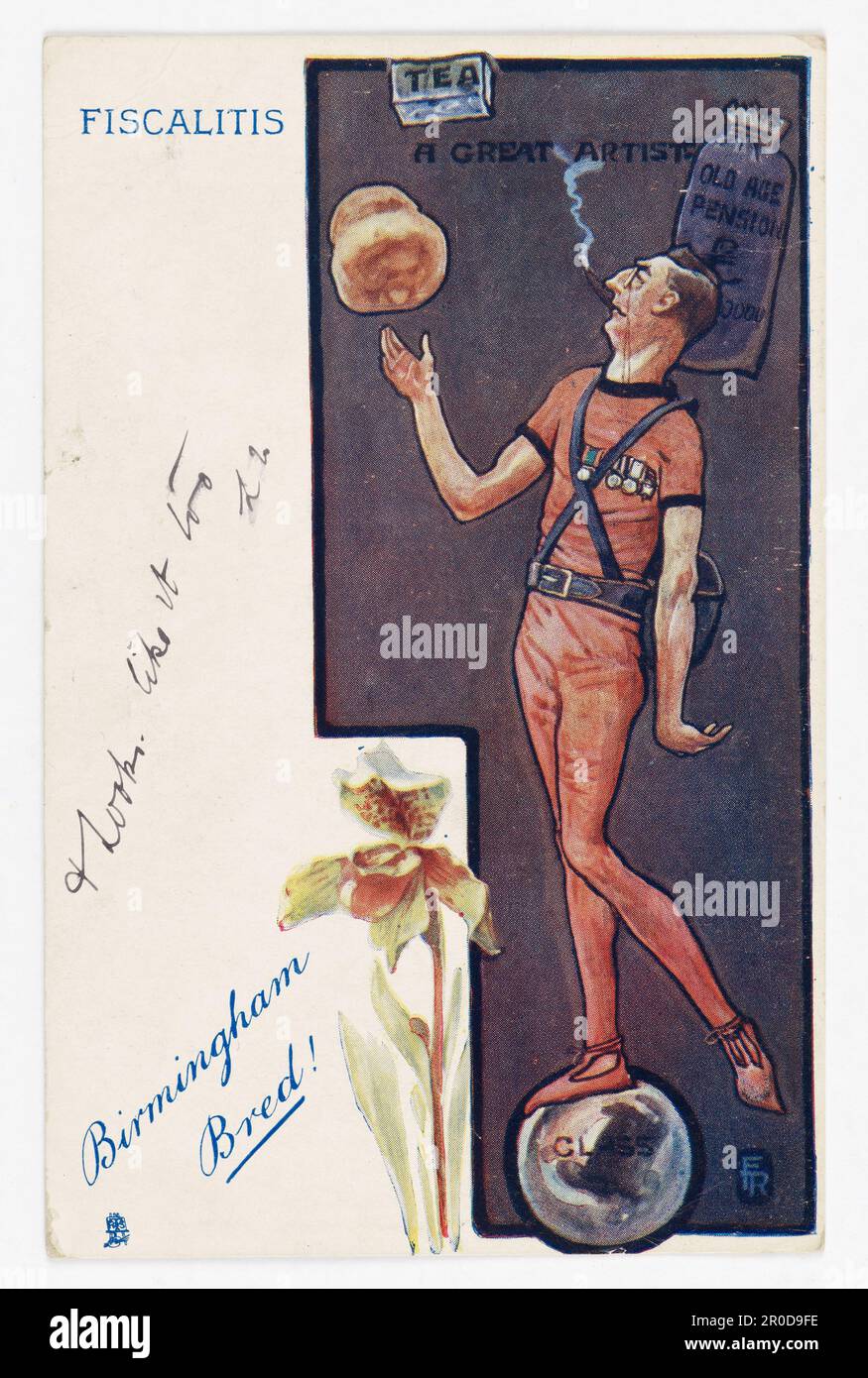 Postkarte - Birmingham Bred, 1905. Satirischer Cartoon von Joseph Chamberlain als Zirkus-Akrobat. . Stockfoto