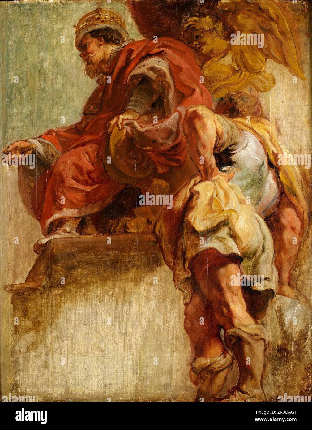 König James I. vereint England und Schottland, 1632-33. Sir Peter Paul Rubens. Skizze für die Decke des Banqueting House, Whitehall, Westminster, London. Ein junger König James sitzt auf einem erhöhten Thron in parlamentarischen Bademänteln. Stockfoto