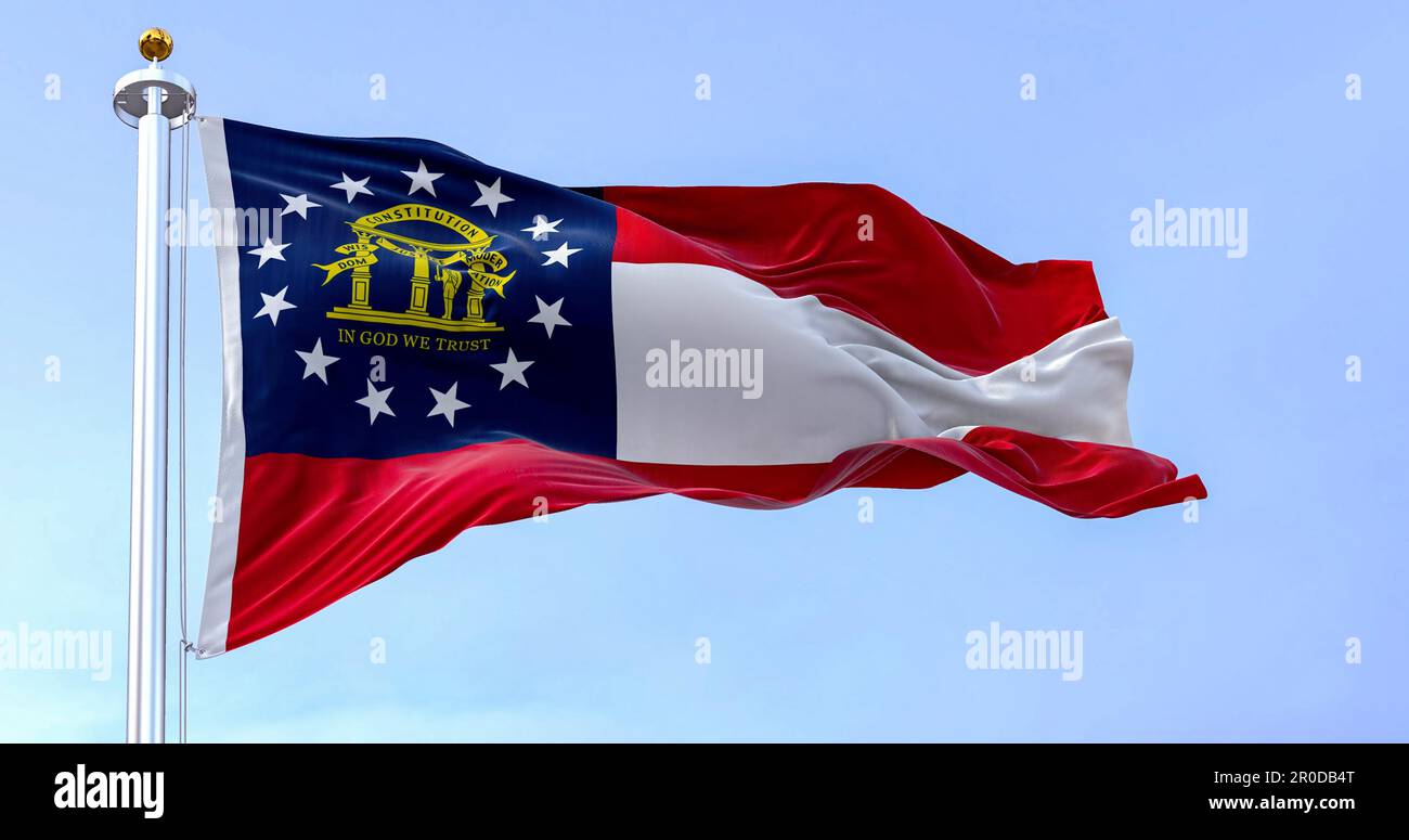 Die Staatsflagge Georgiens, die an klaren Tagen im Wind winkt. Rote, weiße, rote Streifen. Blauer Kanton mit 13 Sternen und Wappen. 3D Zeichnungsreihe Stockfoto