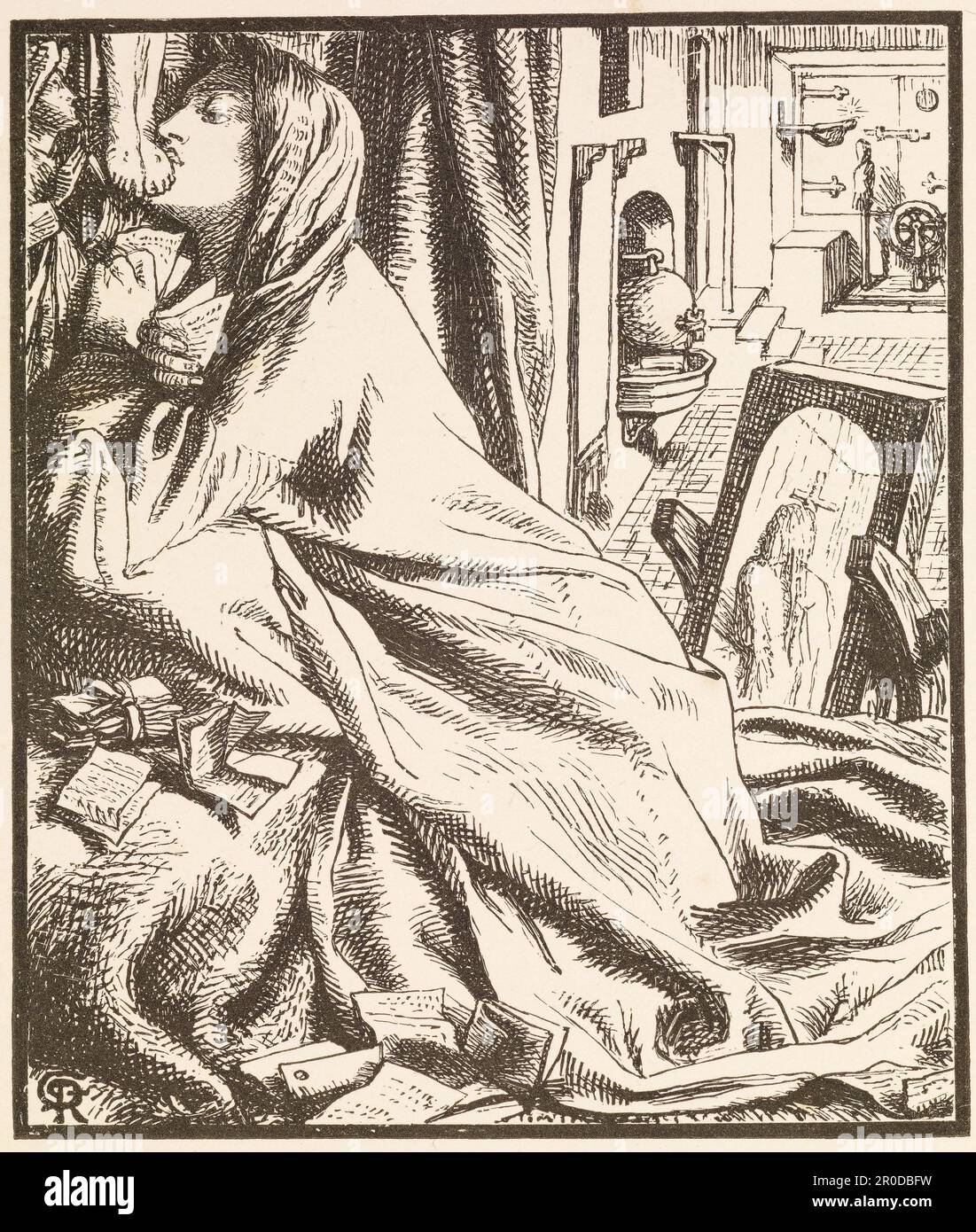 Gedichte von Alfred Tennyson, D.C. L., Poet Laureate (The Moxon Tennyson), 1857. Danach: Gabriel Dante Rossetti.. Band von Tennysons Gedichten, veröffentlicht von Edward Moxon (London, 1857) mit holzgravierten Illustrationen nach Entwürfen von Hunt, Millais, Rossetti und anderen. Stockfoto