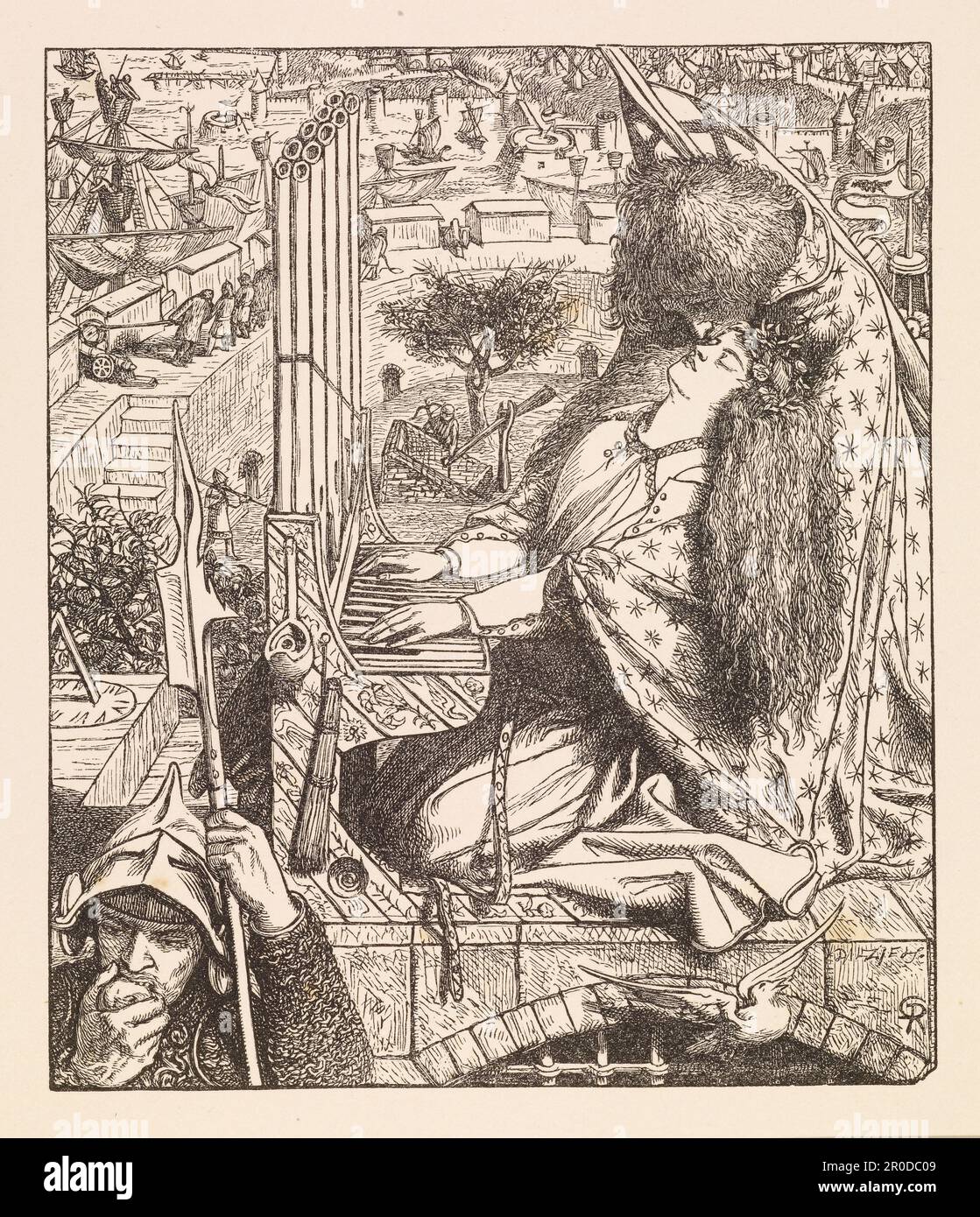 Band der Gedichte von Tennyson, veröffentlicht von Edward Moxon (London, 1857) mit holzgravierten Illustrationen nach Entwürfen von Hunt, Millais, Rossetti und anderen. Stockfoto