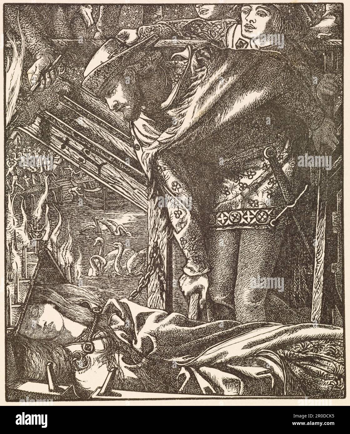 Gedichte von Alfred Tennyson, D.C. L., Poet Laureate (The Moxon Tennyson), 1857. Danach: Gabriel Dante Rossetti.. Band von Tennysons Gedichten, veröffentlicht von Edward Moxon (London, 1857) mit holzgravierten Illustrationen nach Entwürfen von Hunt, Millais, Rossetti und anderen. Stockfoto