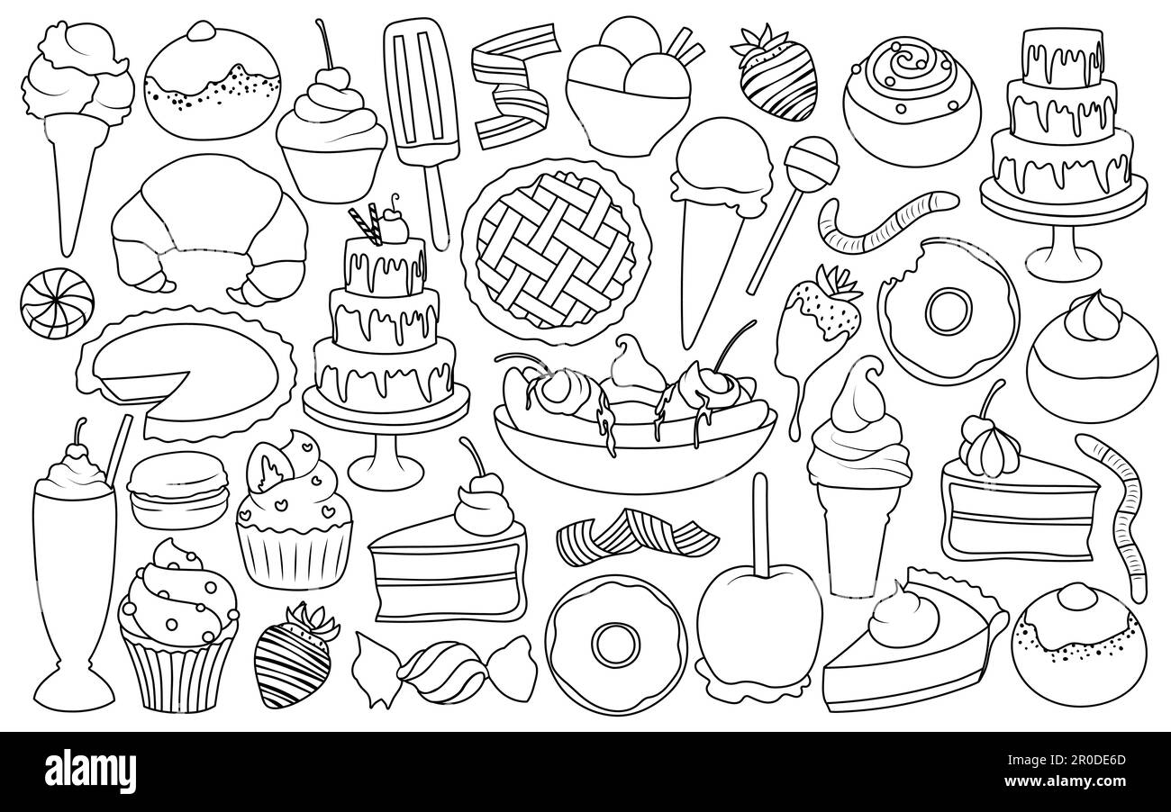 Sammlung von schwarz-weißen Cartoon-Illustrationen verschiedener Desserts und Leckereien. Isolierte, von Hand gezeichnete Vektoren. Schwarze Umrisse zum Ausmalen. Stock Vektor