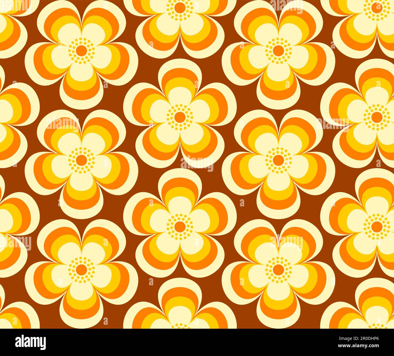 Retro-Blumendesign, moderne Blumen aus der Mitte des Jahrhunderts in Orange, Gelb und Braun. Für Heimdekor, Tapeten, Stoffe und Textilien. Nahtloses Vektormuster, 19 Stock Vektor