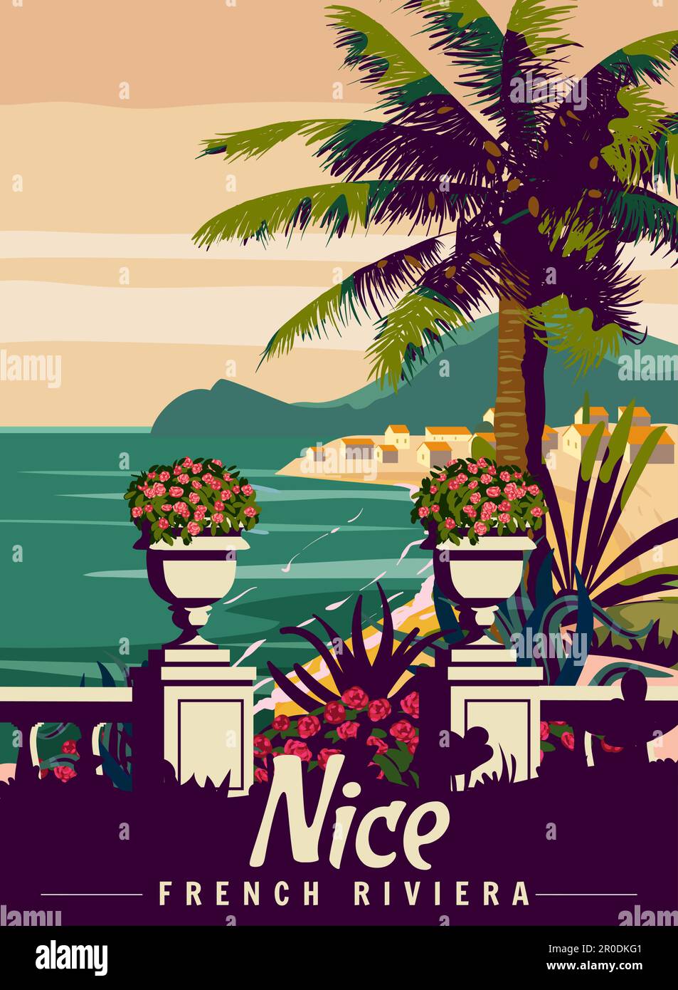Schönes Französisches Riviera Retro Poster. Blick auf die tropische Küste, Palmen, mediterranes Meer Stock Vektor