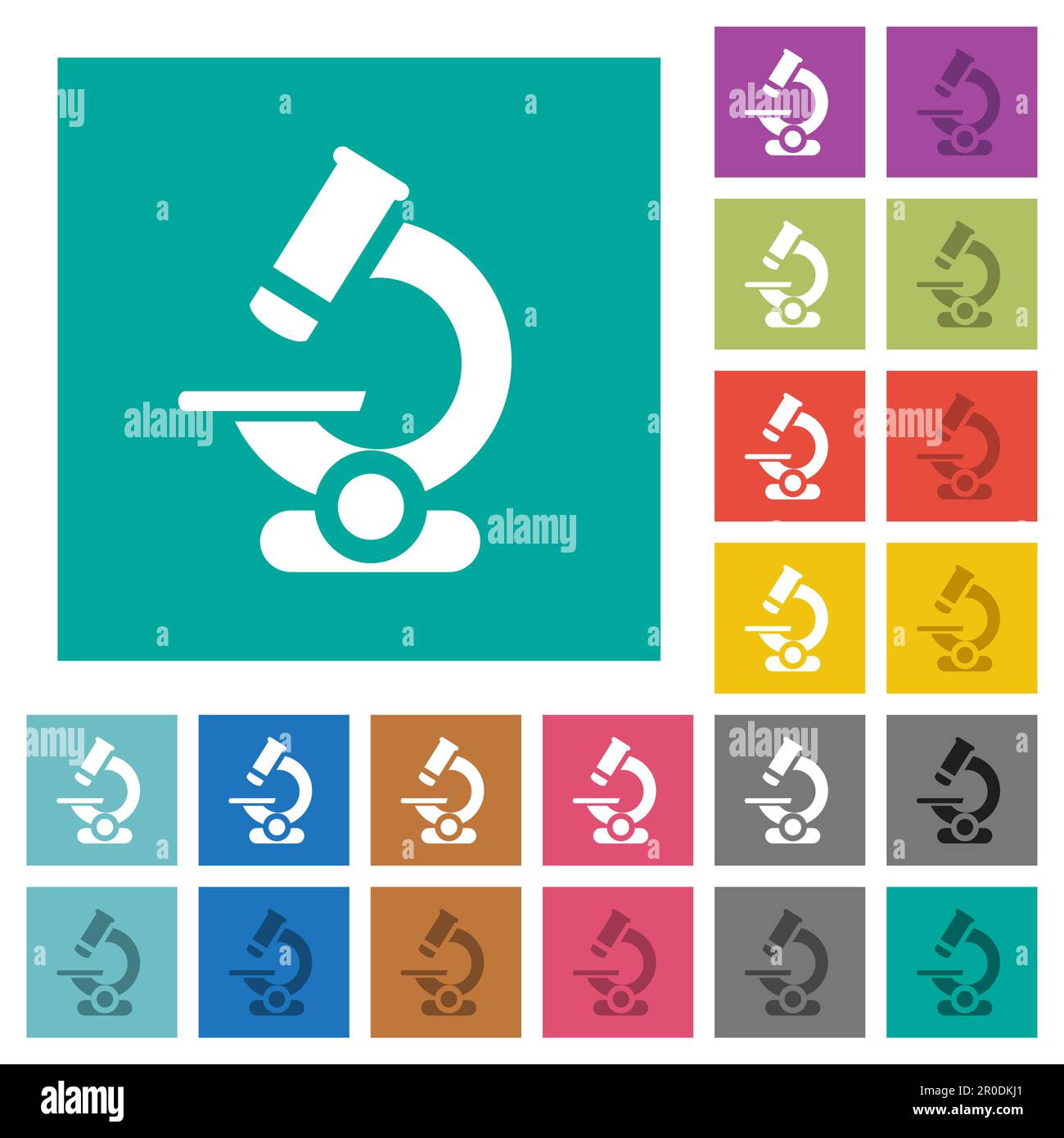 Mikroskopische mehrfarbige flache Symbole auf einfachen quadratischen Hintergründen. Weiße und dunklere Symbolvarianten für schwebe- oder aktive Effekte. Stock Vektor