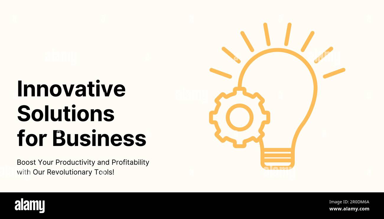 Banner „innovative Lösungen für Unternehmen“ auf leichtem Hintergrund. Elegantes Banner für Unternehmen mit schwarzem Text und farbiger gelber Abbildung Stock Vektor