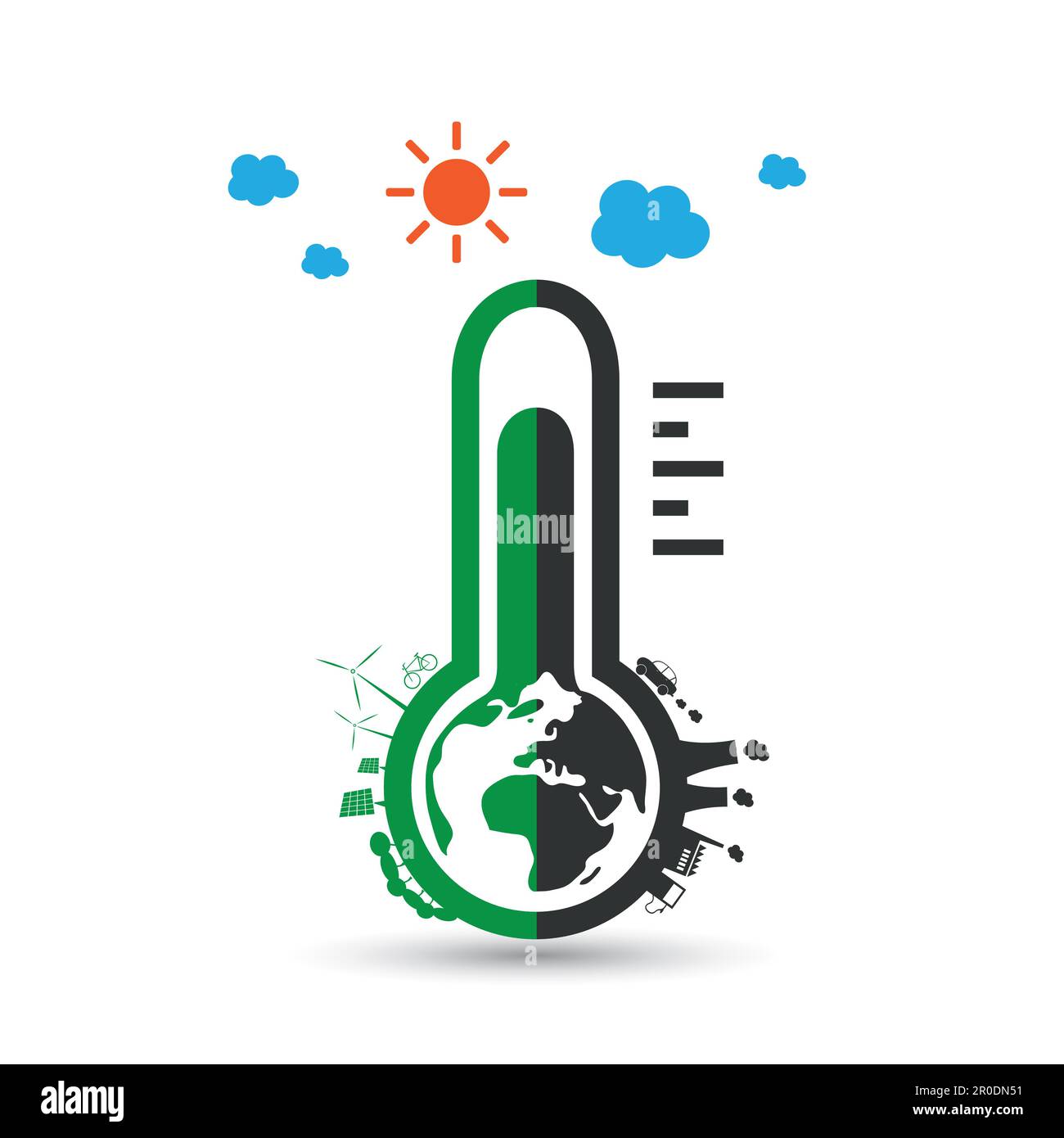 Globale Erwärmung, ökologische Probleme und Lösungen – Designkonzept für Thermometersymbole Stock Vektor