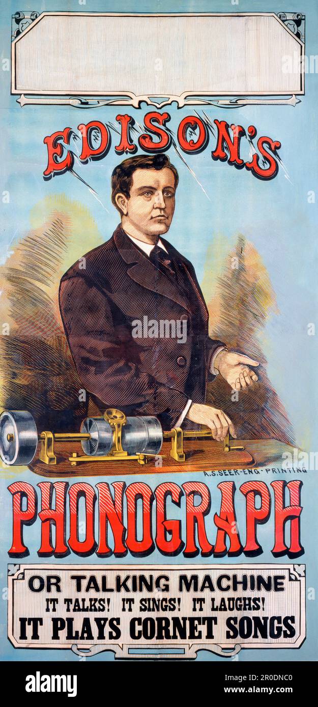 Plakat mit Thomas Edisons Phonograph. c. 1878. Thomas Alvar Edison (1847-1931), war ein amerikanischer Erfinder und Geschäftsmann, Stockfoto