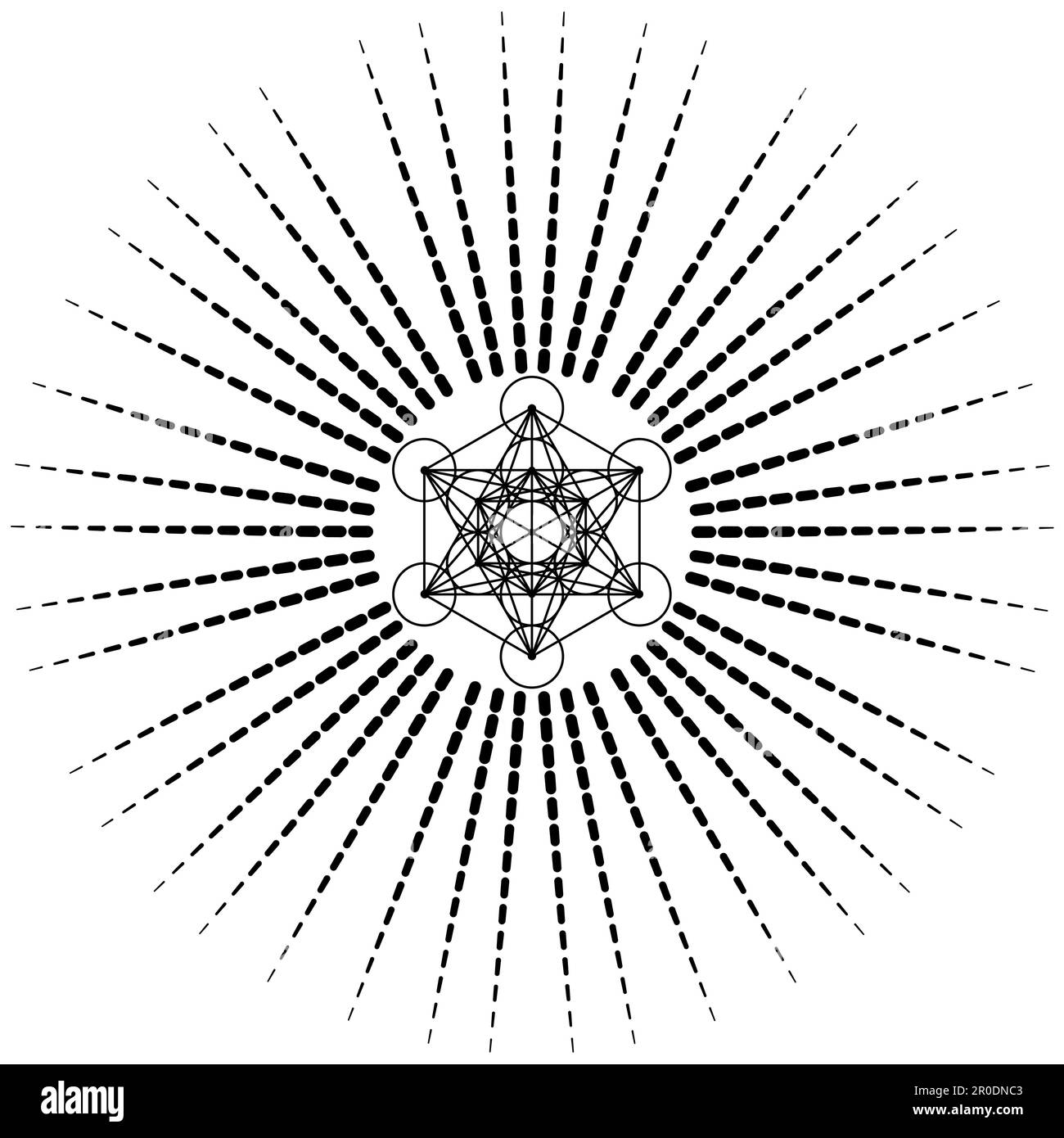 Metatron's Cube, Blume des Lebens. Heilige Geometrie auf strahlender Sonne, Grafikelement Vektor isolierte Darstellung. Mystische Ikone platonische Feststoffe, abstrakt Stock Vektor