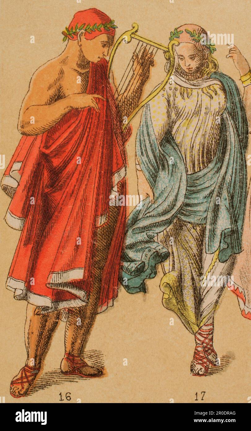 Etruskaner. Musiker- und etruskische Tänzerkostüm. Chromolithographie. "Historia Universal" von César Cantú. Band II, 1881. Stockfoto