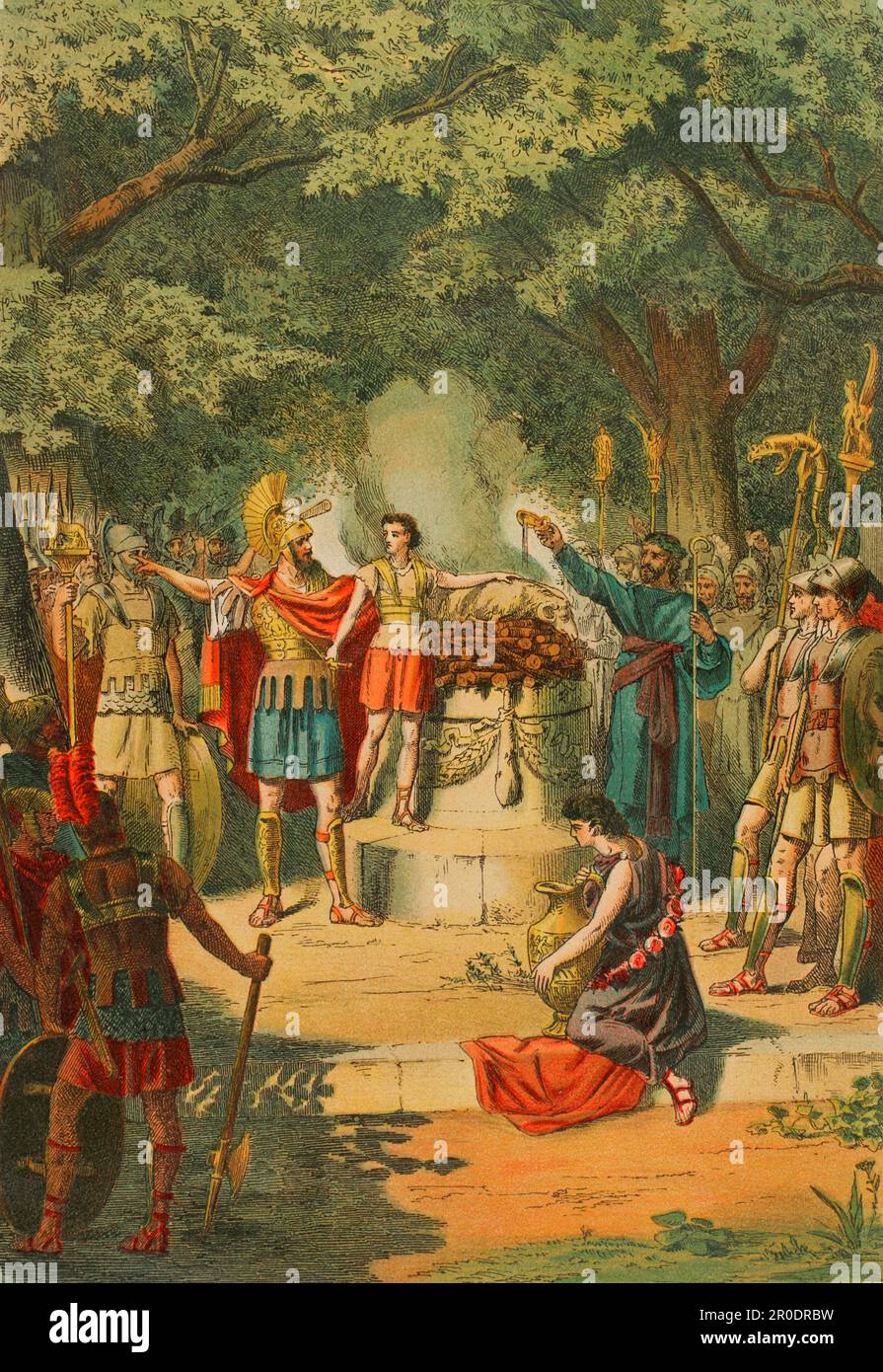 Hannibal Barca (247-183 v. Chr.). Karthaginischer General und Staatsmann. Hannibal im Tempel von Karthago mit seinem Vater Hamilcar Barca, im Alter von neun Jahren, der einen Eid des ewigen Hasses auf Rom ablegte, indem er seine Hände in das Blut des geopferten Tieres tauchte. Chromolithographie. "Historia Universal" von César Cantú. Band II, 1881. Stockfoto