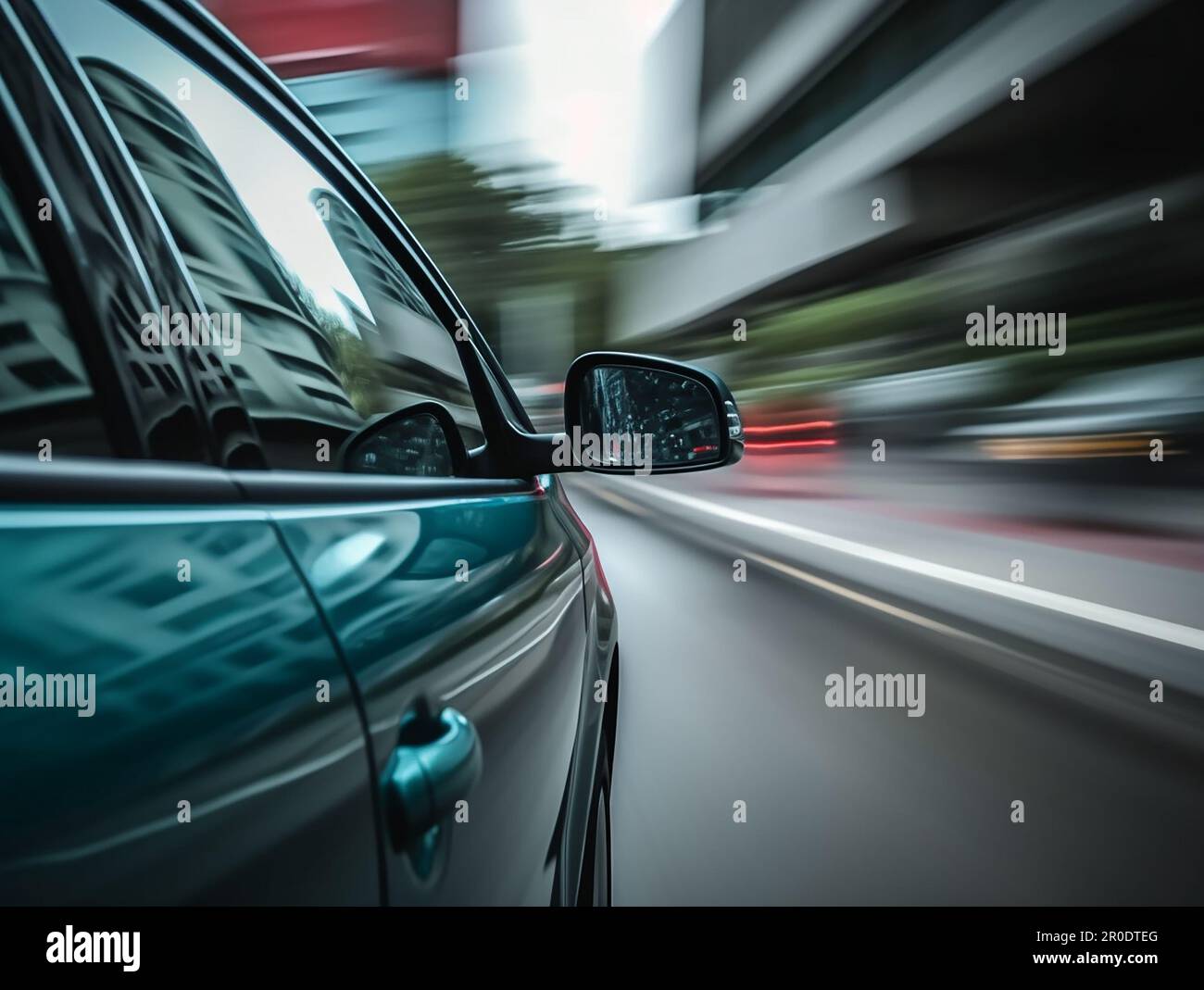 Rasante Fahrt durch das Leben mit blitzschneller Geschwindigkeit, schnelles Fahrzeug, das sich auf Bewegungsunschärfe im Hintergrund bewegt Stockfoto