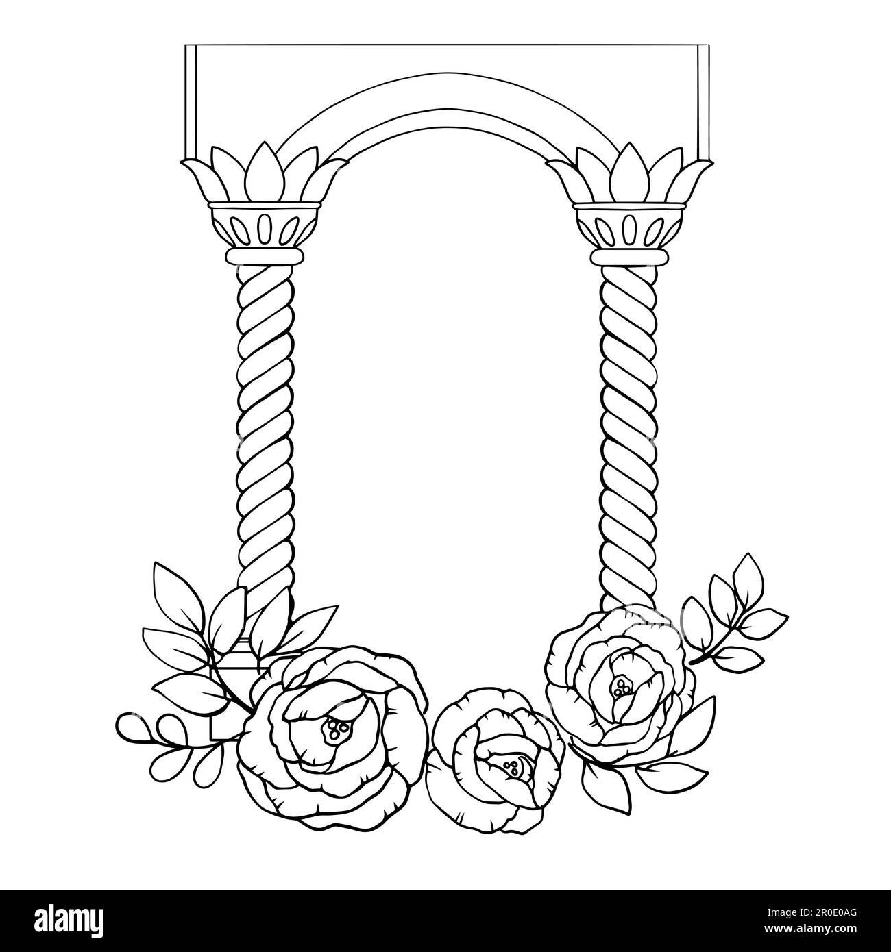 Grafische Linienzeichnung. Vektor. Bogen mit Säulen, dekoriert mit Rosen. Aus der HAARSCHMUCK-Kollektion. Für das Design von Websites, Visitenkarten, Aufklebern, Einladungen, Postkarten und Drucken. Vektordarstellung Stock Vektor