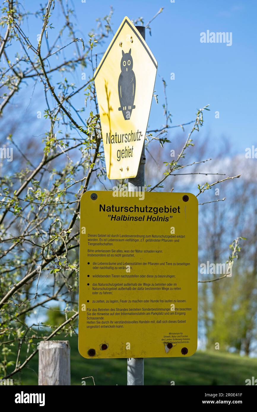 Hinweisschild, Naturschutzgebiet, Holnis-Halbinsel, Schleswig-Holstein, Deutschland Stockfoto