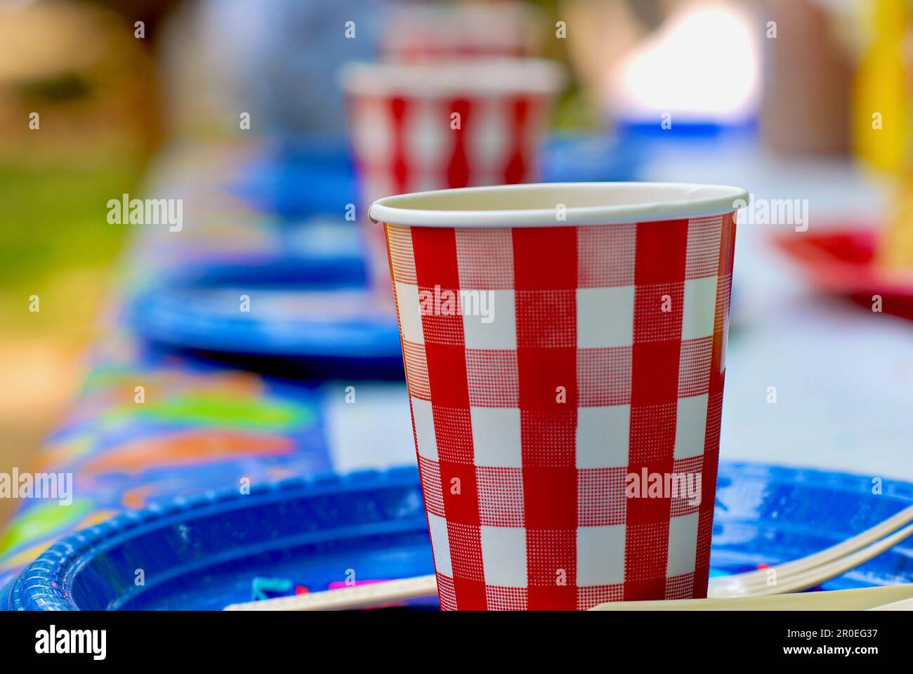 Rot-weiß karierte Pappbecher sitzen auf blauen Plastiktellern an einem Picknicktisch, der für ein Familientreffen vorbereitet ist. Stockfoto