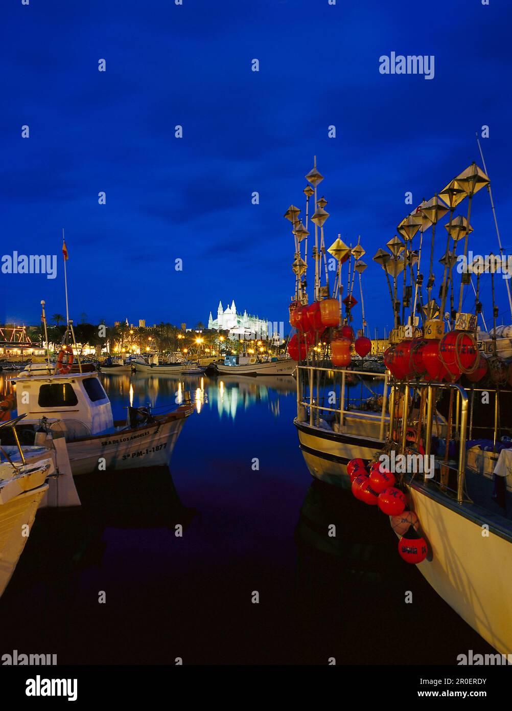 Fischerboote im Hafen, Kathedrale La Seu im Hintergrund, Palma de Mallorca, Mallorca, Spanien Stockfoto