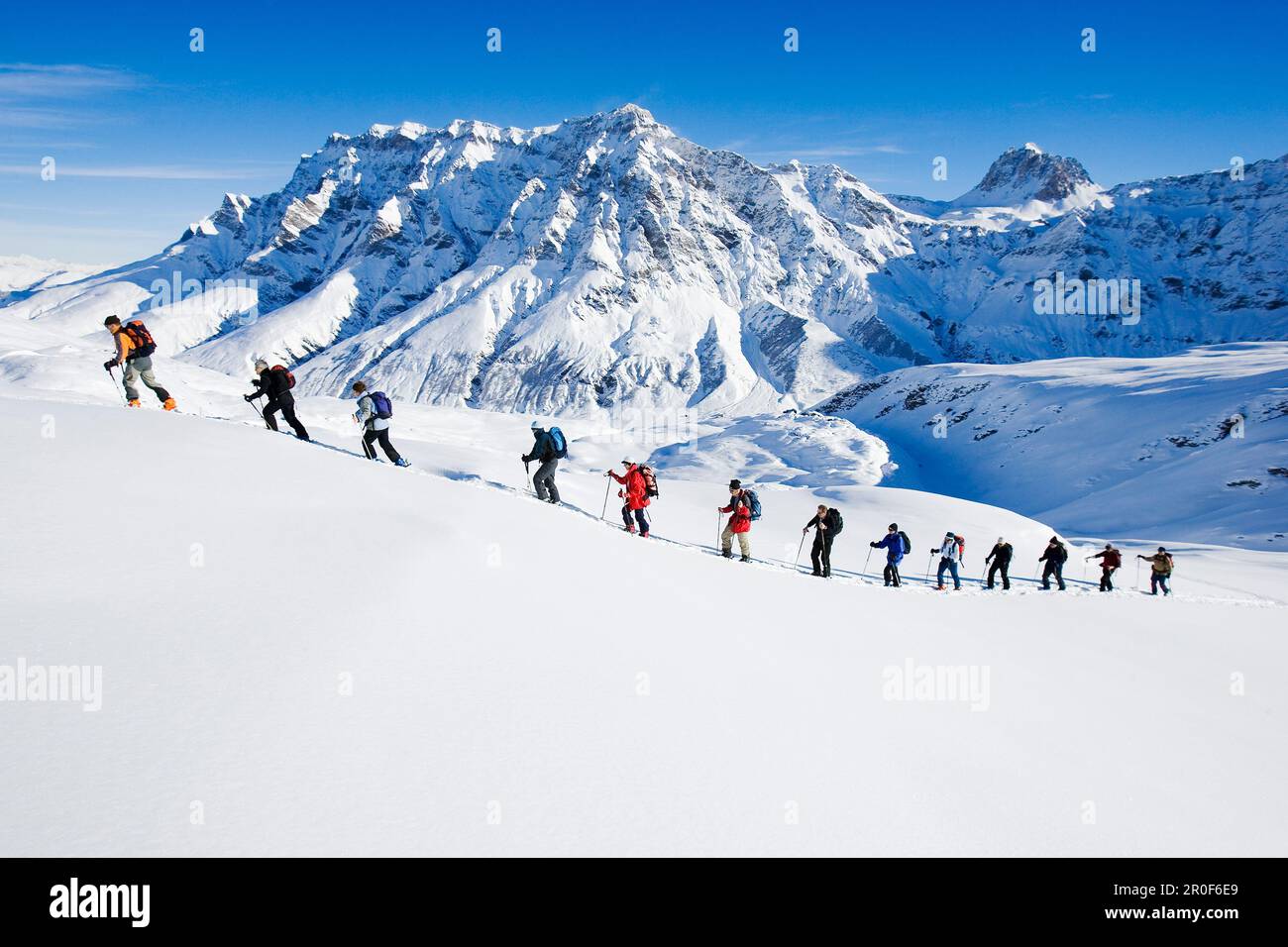 Große Gruppe von Skifahrern, die einen Berg hinauffahren, Safiental, Grisons, Graubuenden, Schweiz, Alpen Stockfoto