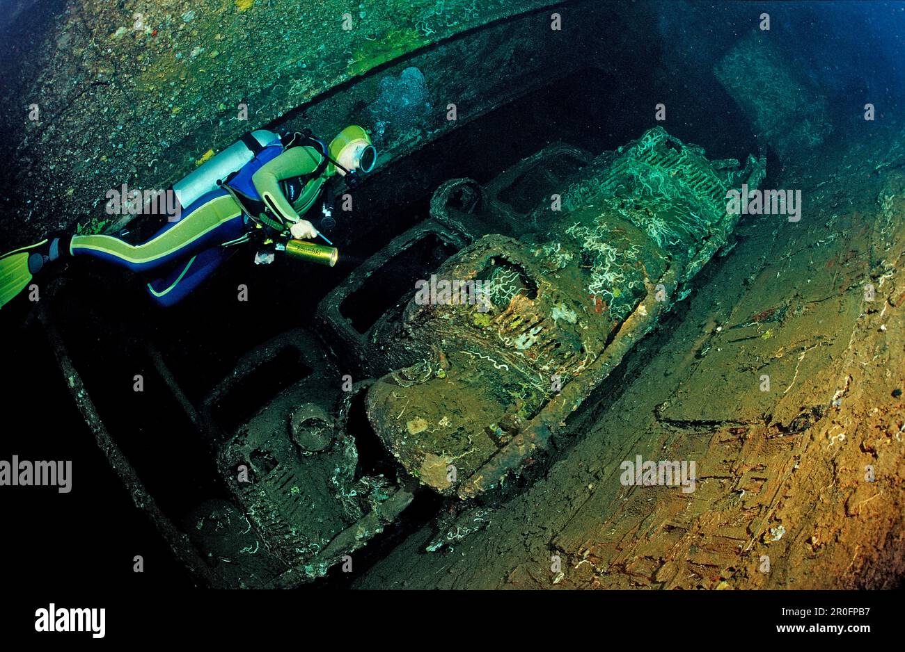 Tauchen im Schiffswrack Umbriens, Militärwagen, Sudan, Afrika, Rotes Meer, Wingate Reef Stockfoto