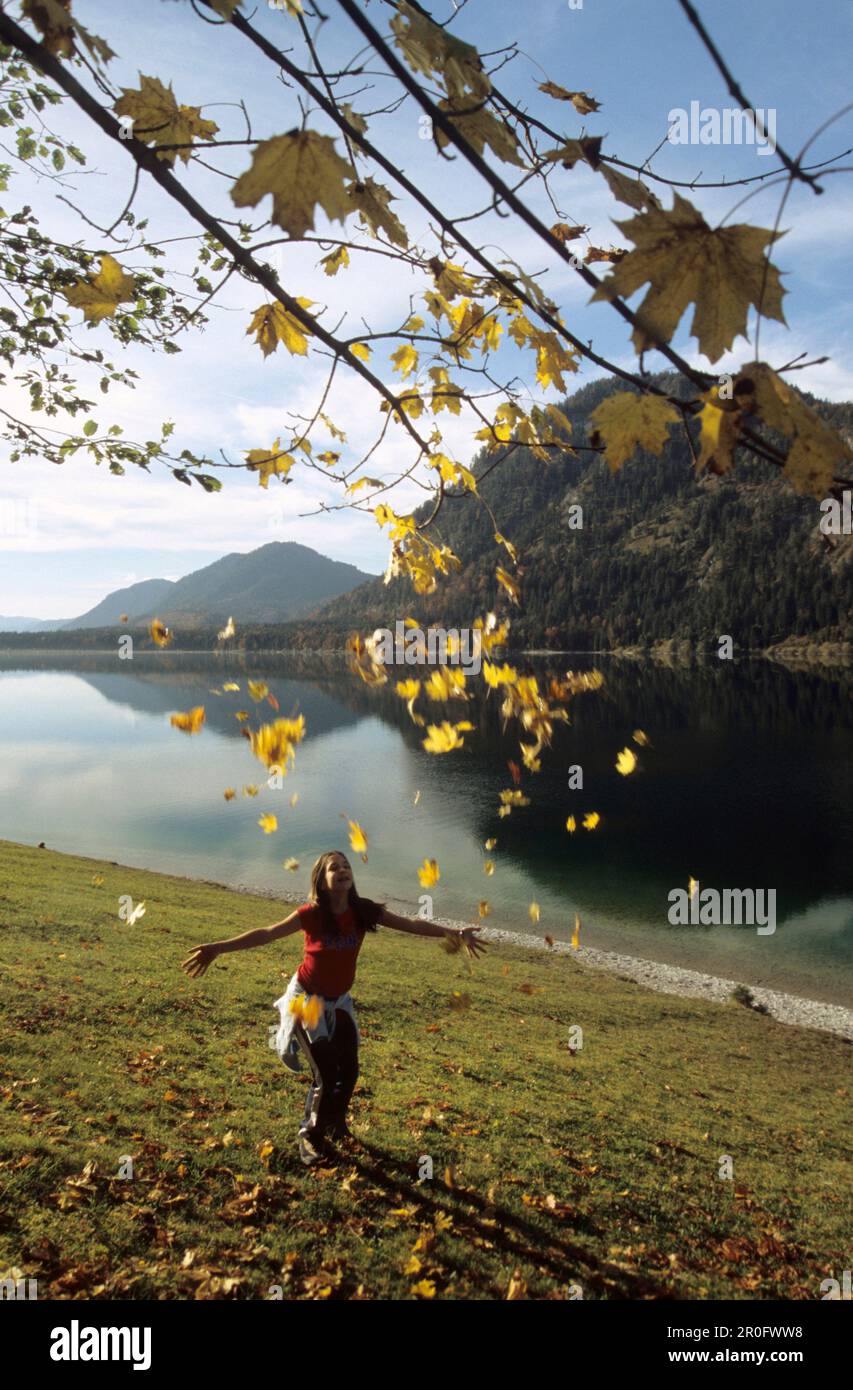 Teenager, die Herbstlaub in die Luft wirft, Sylvensteinspeicher, Bayern, Deutschland Stockfoto