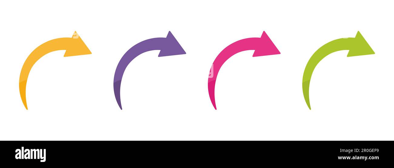 Vektor für Symbol mit gekrümmtem Pfeil festgelegt. Kollektion aus farbenfrohen Symbolen mit Pfeilen nach rechts. Vektordarstellung Stock Vektor