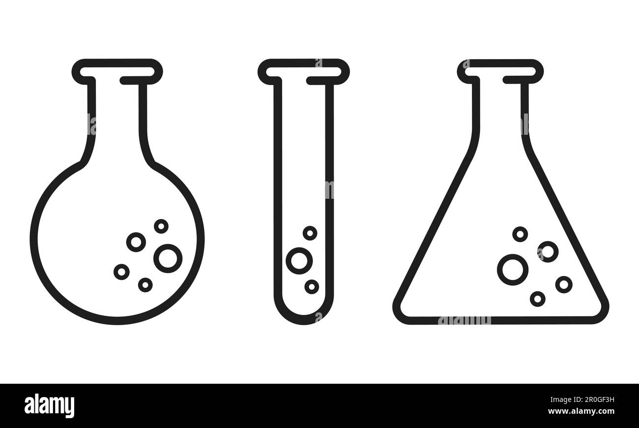 Laborgeräte. Vektor des Laborteströhrchens. Flaschensymbol. Erlenmeyerkolben-Becher für Chemie mit Chemikalien. Vektordarstellung Stock Vektor