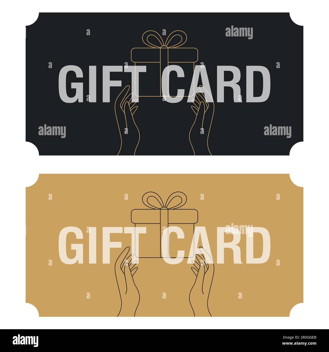 Gold- und schwarzer Geschenkgutschein mit Symbol für Geschenkbox. Geschenkgutscheine kaufen. Vektordarstellung Stock Vektor