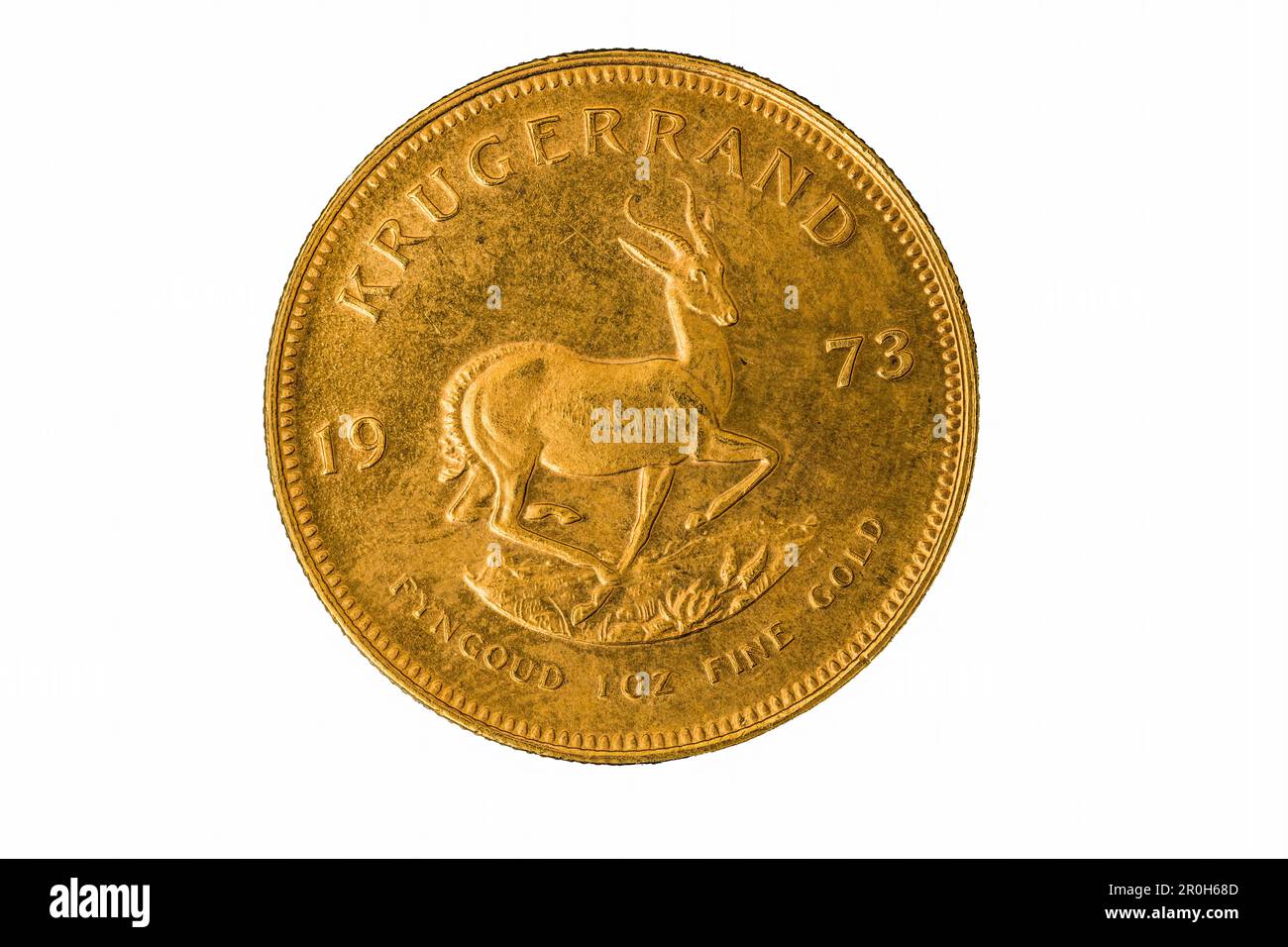 1973 Krugerrand 1 OZ Goldmünze auf weißem, ausgeschnittenem Hintergrund aus Südafrika. Der Krugerrand wird in südafrikanischer Münze hergestellt Stockfoto