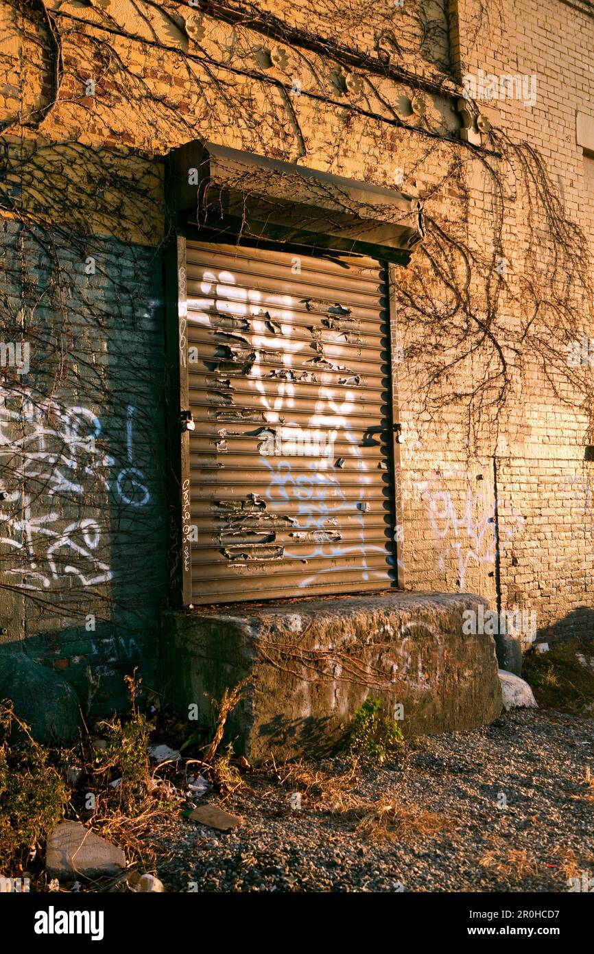 USA, Brooklyn, eine Laderampe bedeckt mit Graffiti bei Sonnenuntergang, Williamsburg Stockfoto