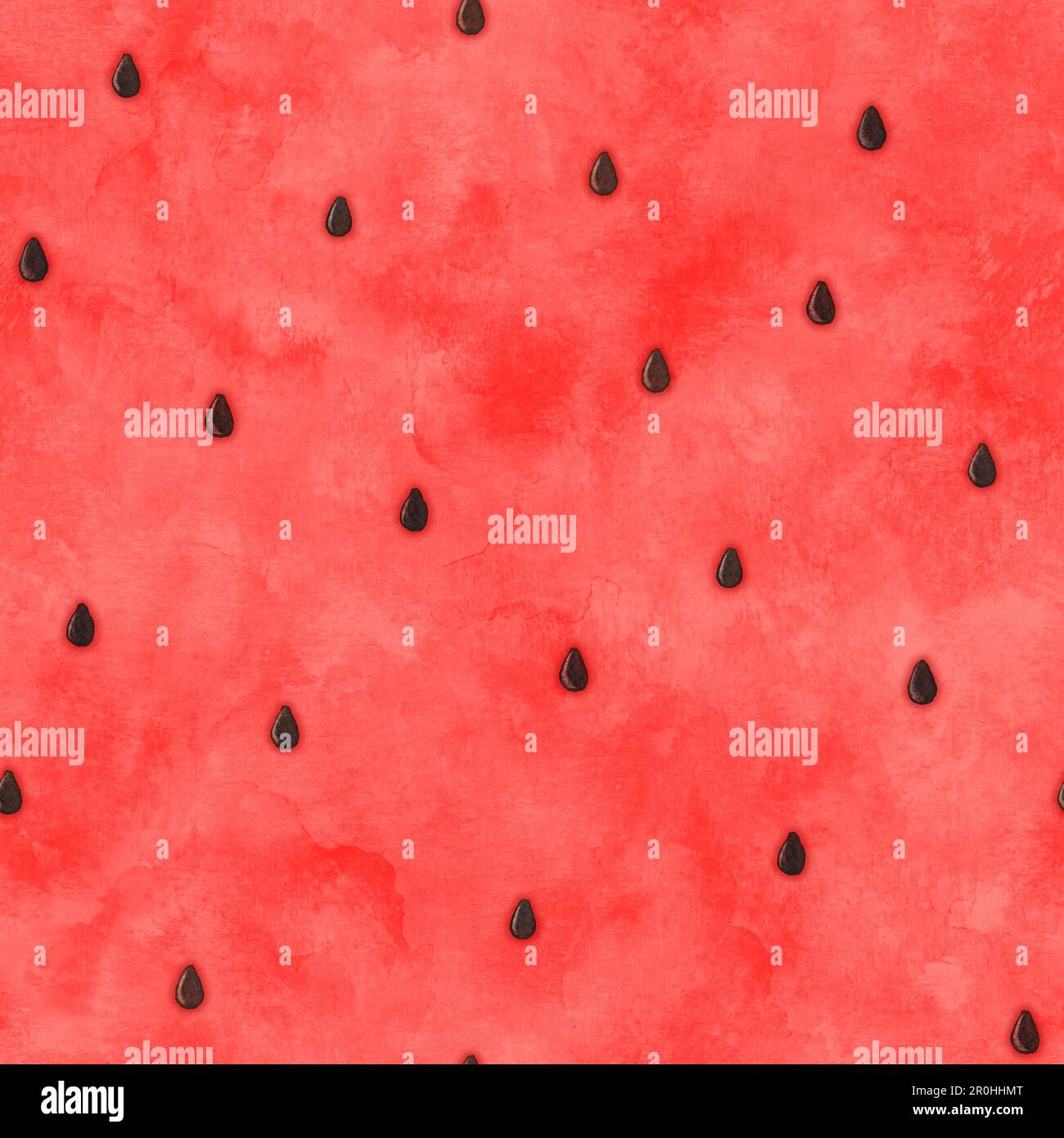 Abstrakter wasserfarbener Hintergrund. Handgezeichnete rote Flecken und Spritzer Elemente nahtloses Muster. Aquarelle Wassermelonenstruktur mit Samen. Für Tex drucken Stockfoto