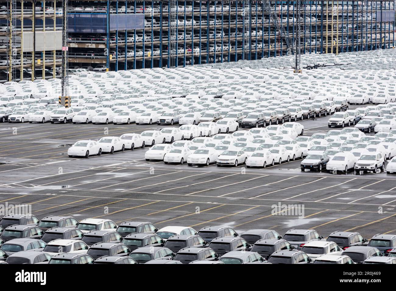 Neue Autos auf einem Parkplatz wartet auf Versand in Bremerhaven, Deutschland Stockfoto