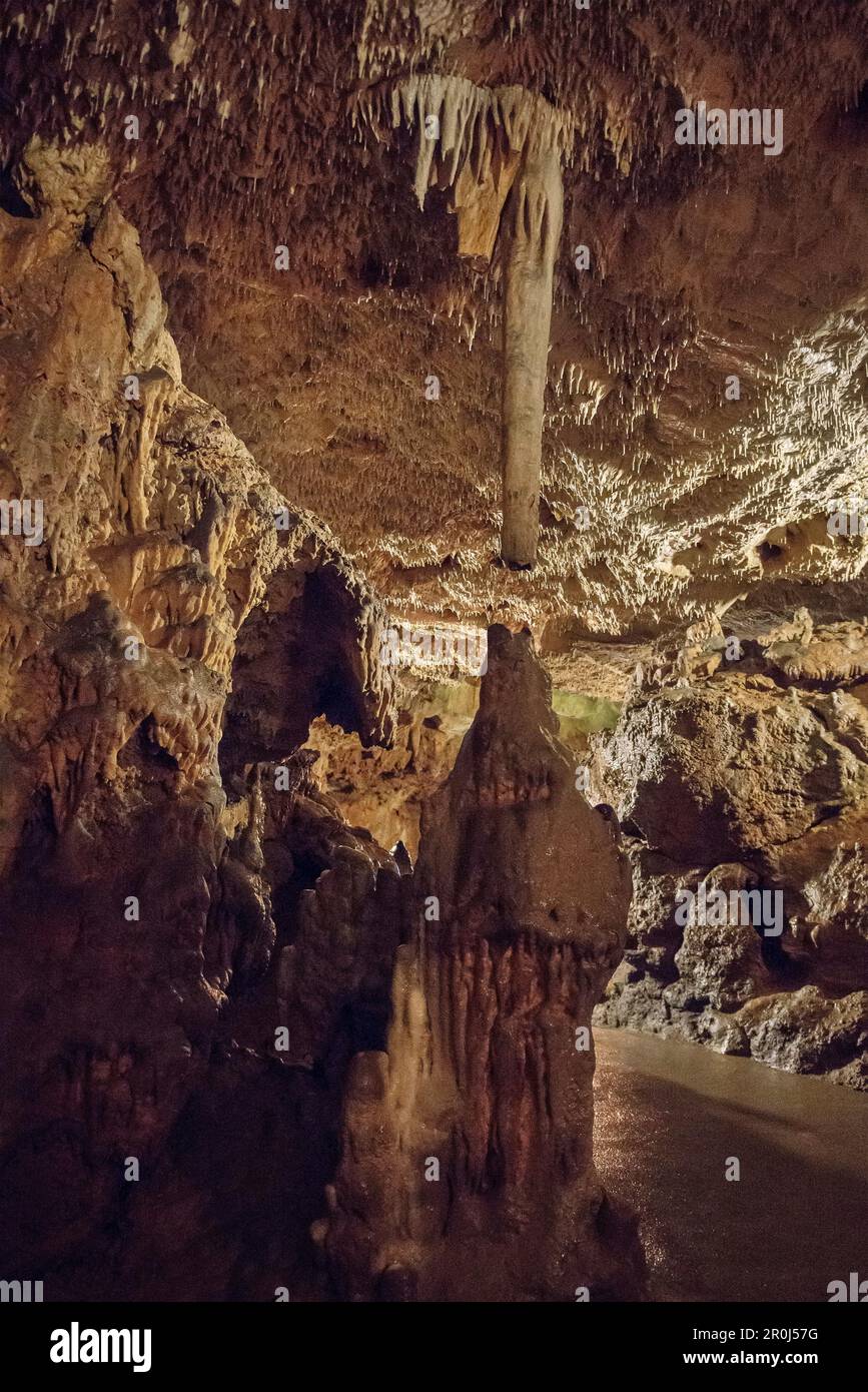 Riesenstalagmiten und Stalaktiten in einer Tropfsteinhöhle, Sonnenbühl, Schwäbische Alpen, Baden-Württemberg, Deutschland Stockfoto