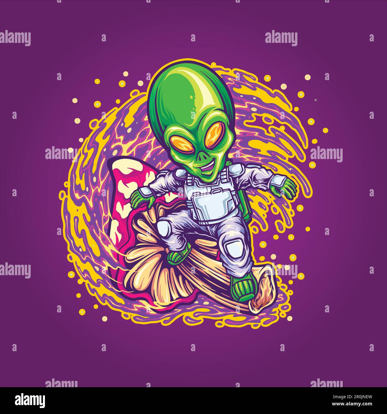 Alien-Raumfahrer surfen im Weltraum mit trippigen Pilz-Illustrationen Vektor für Ihr Arbeitslogo, Merchandise-T-Shirt, Aufkleber und Etikettendesigns, Poster, Stock Vektor