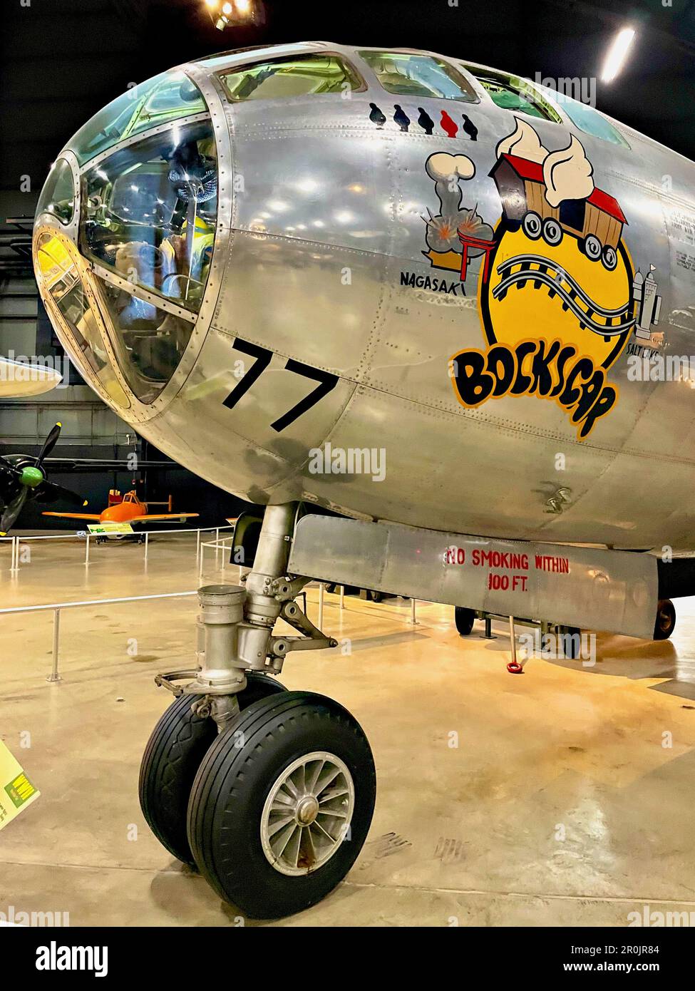 Diese B-29 Superfestung, bekannt als „Bockscar“, hat am 9. August 1945 im Zweiten Weltkrieg die Atombombe „Fat man“ auf die japanische Stadt Nagasaki geworfen. Stockfoto