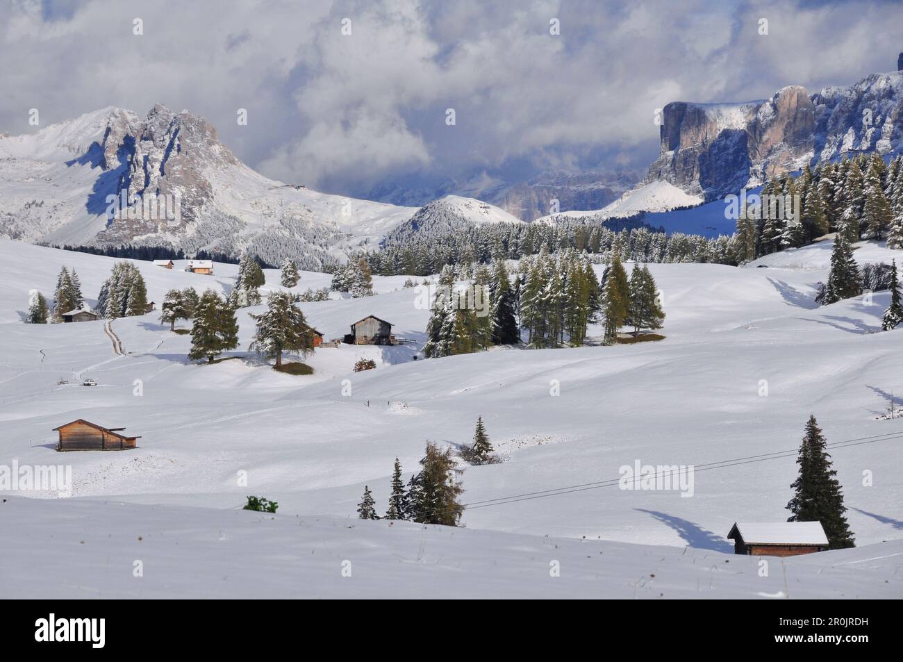 Schnee im frühen Winter in der Seiser Alm mit Santnerspitze und Schlern mit Rosszähnen, Seiser Alm, Alpe di Siusi, Sciliar, Naturpark Schlern-Rosengarten Stockfoto