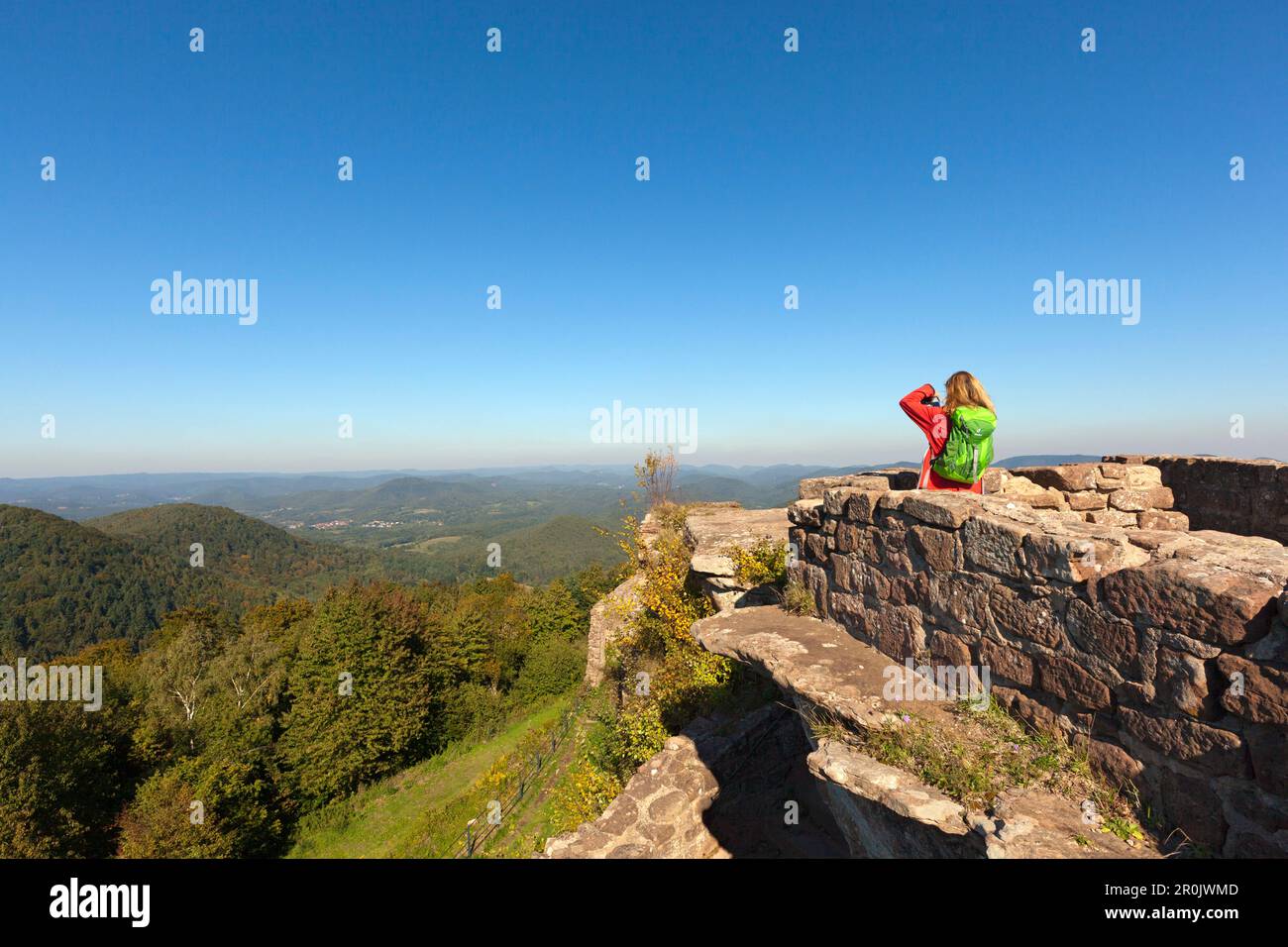 Junge Frau, die Fotos vom Schloss Wegelnburg in der Nähe von Nothweiler macht, Dahner FelsenlandNaturpark Pfalz, Rheinland-Pfalz, Deutschland Stockfoto