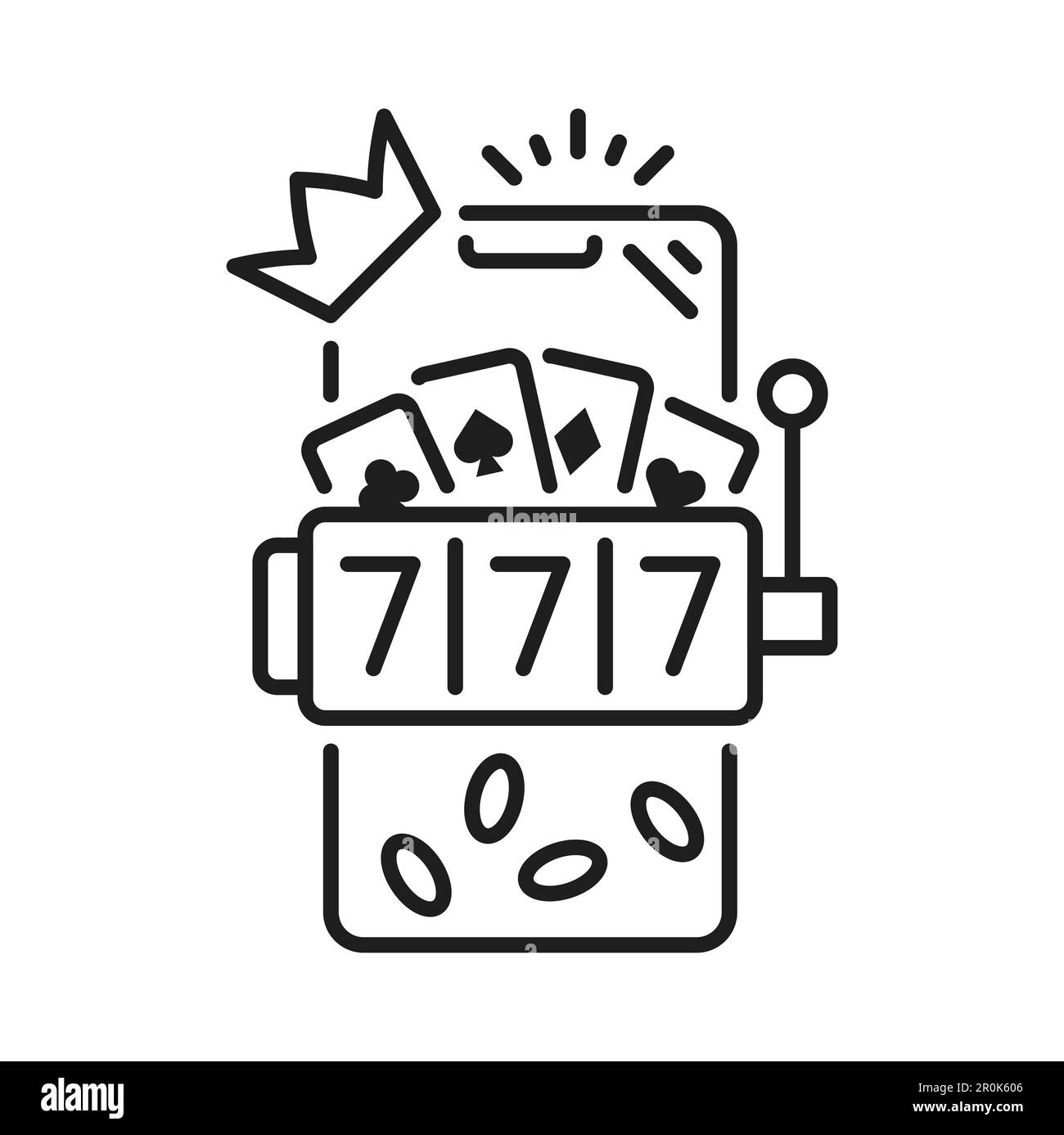 Spielautomat mit einer glücklichen Kombination aus isoliertem Umriss-Symbol. Spielautomat Vector 777, Spielkasino Roulette, Spielautomat Stock Vektor