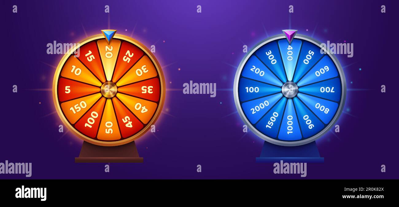 UI-Glücksspiel mit Preis. Casino-Glücksrad-Vektor-Ikone-Design. Gewinnen Sie ein kostenloses Geschenk in Orange oder Blau Roulette mit Glück. Verwandeln Sie die Clipart-Sammlung der Lotterieschnittstelle, um eine Online-App mit Bonus zu erhalten Stock Vektor