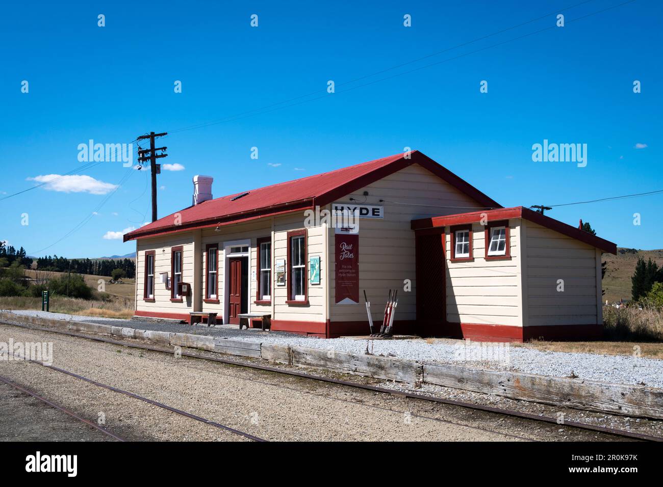 Hyde Bahnhof am Central Otago Rail Trail, South Island, Neuseeland Stockfoto