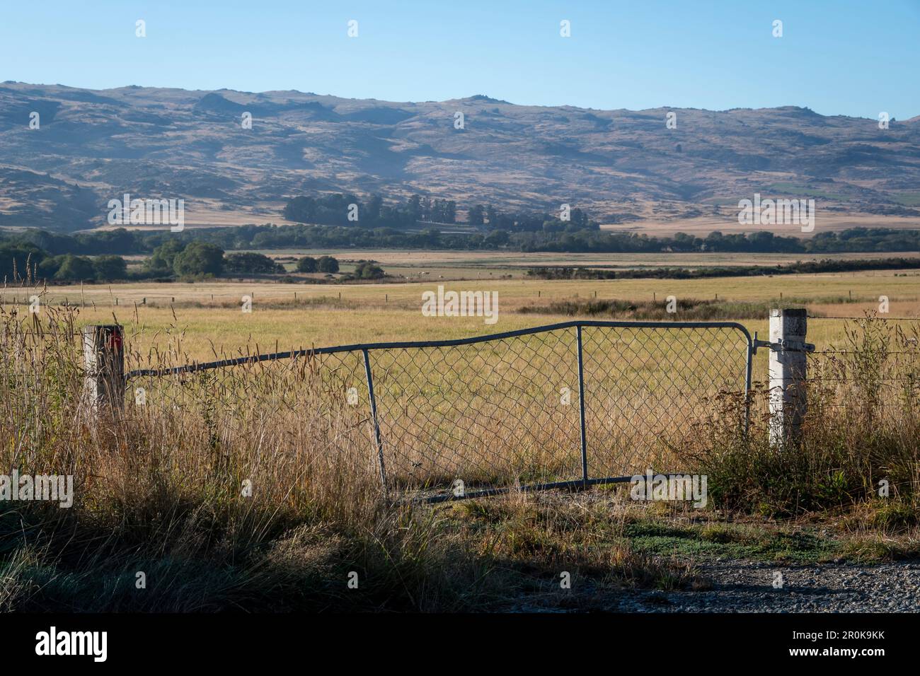 Beschädigtes Tor neben Central Otago Rail Trail, nahe Middlemarch, Otago, South Island, Neuseeland. Stockfoto